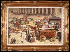 Bourse de Paris - 20e siècle, chevaux, chariots et personnages dans le paysage urbain de J Lefort