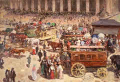 Bourse de Paris - 20th Century, Horse & Carts & Figures in Cityscape by J Lefort