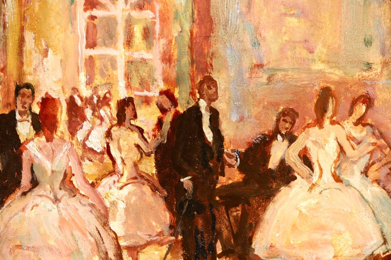 A beautiful oil on canvas circa 1930 by sought after French Post Impressionist painter Jean-Louis-Marcel Cosson depicting a group of elegantly dressed couples attending a ball in a grand interior. 

Signature:
Signed lower right and stamped