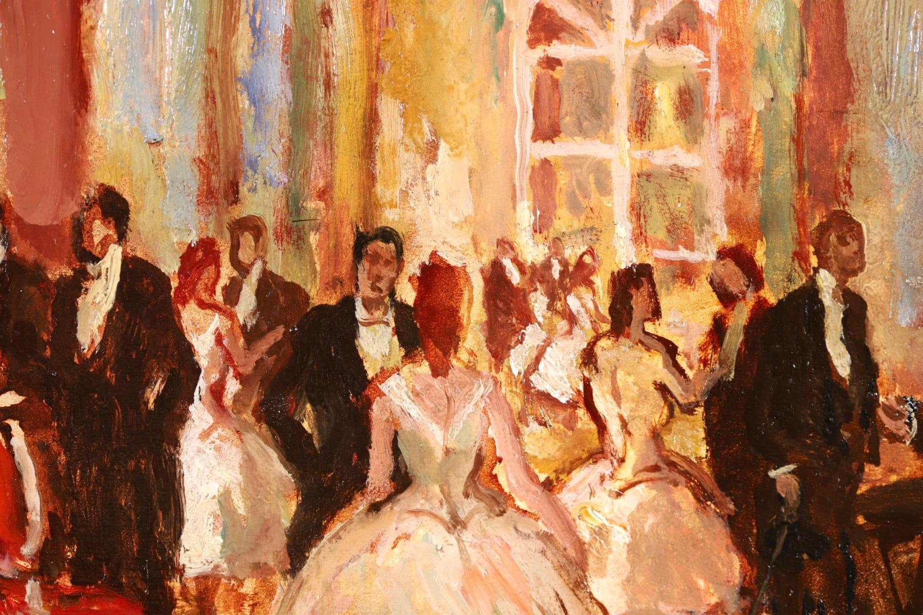 A beautiful oil on canvas circa 1940 by sought after French Post Impressionist painter Jean-Louis-Marcel Cosson depicting a group of elegantly dressed couples attending a ball in a grand interior. 

Signature:
Signed lower right and stamped
