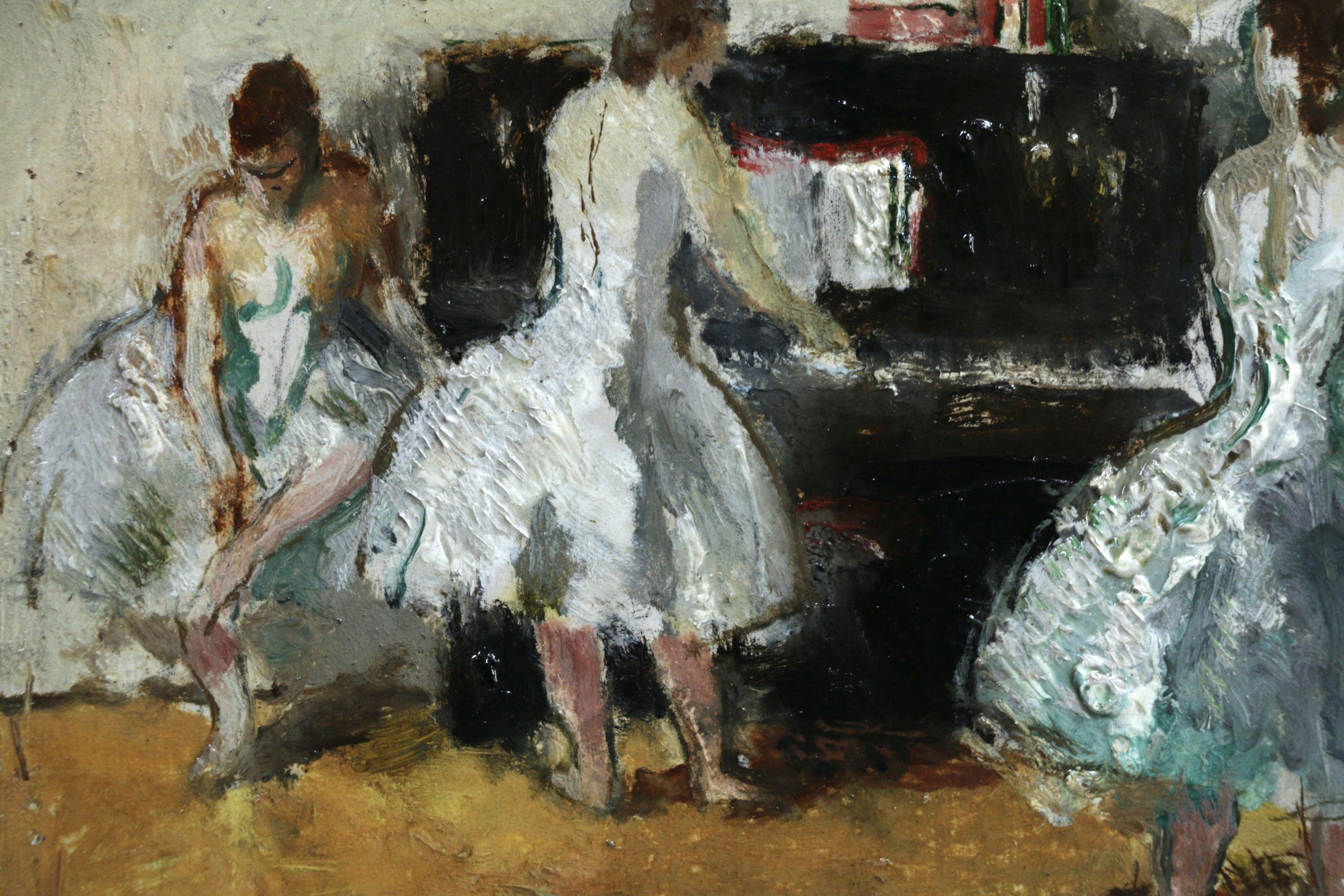 À la piano - Huile du XXe siècle:: figures de danseurs de ballet à l'intérieur par Cosson - Gris Interior Painting par Jean-Louis-Marcel Cosson