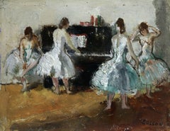 At the Piano - 20th Century Oil, Ballet Dancer Figures in Interior by Cosson