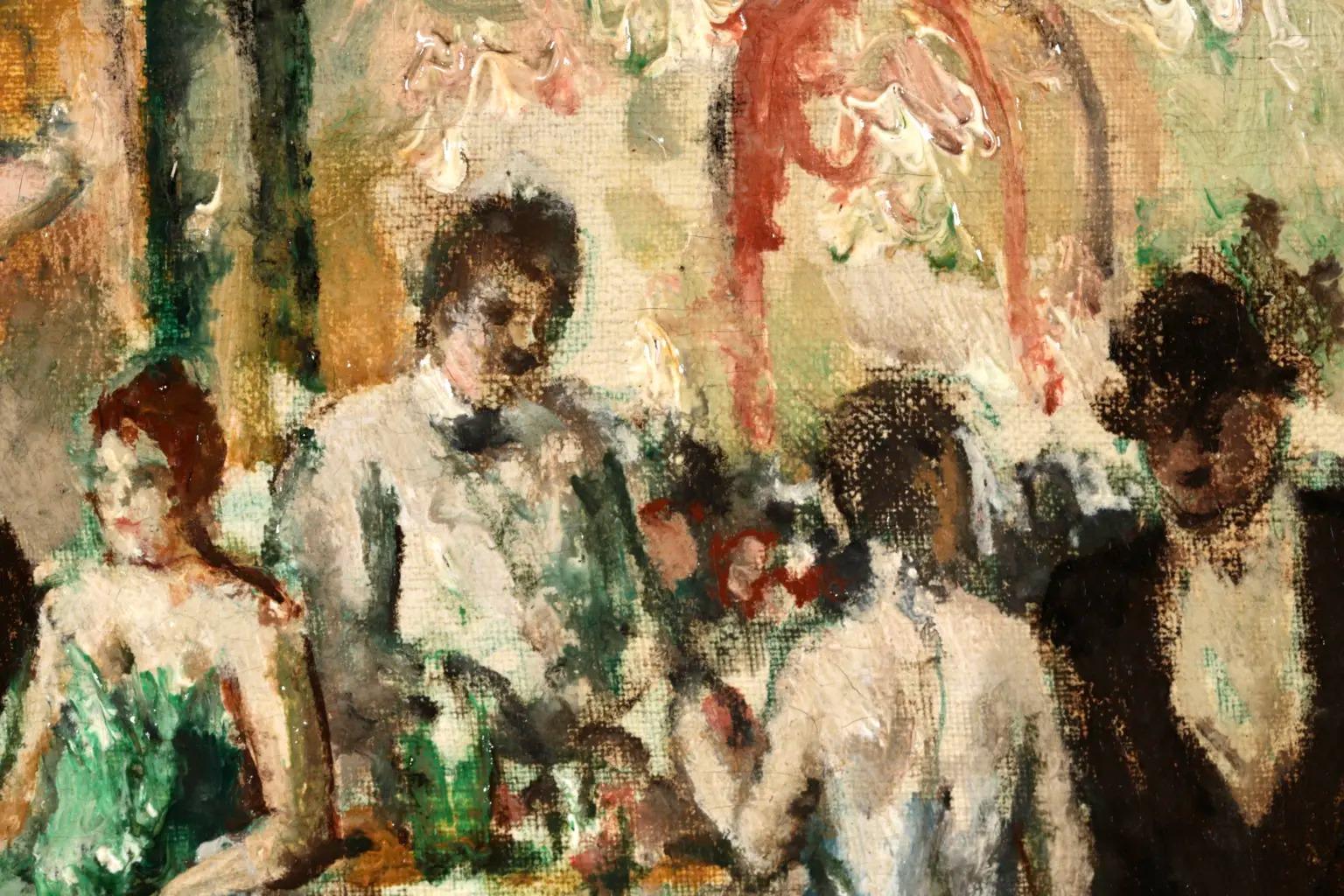 Au Cafe - Pintura al óleo figurativa de interior postimpresionista de Marcel Cosson 6