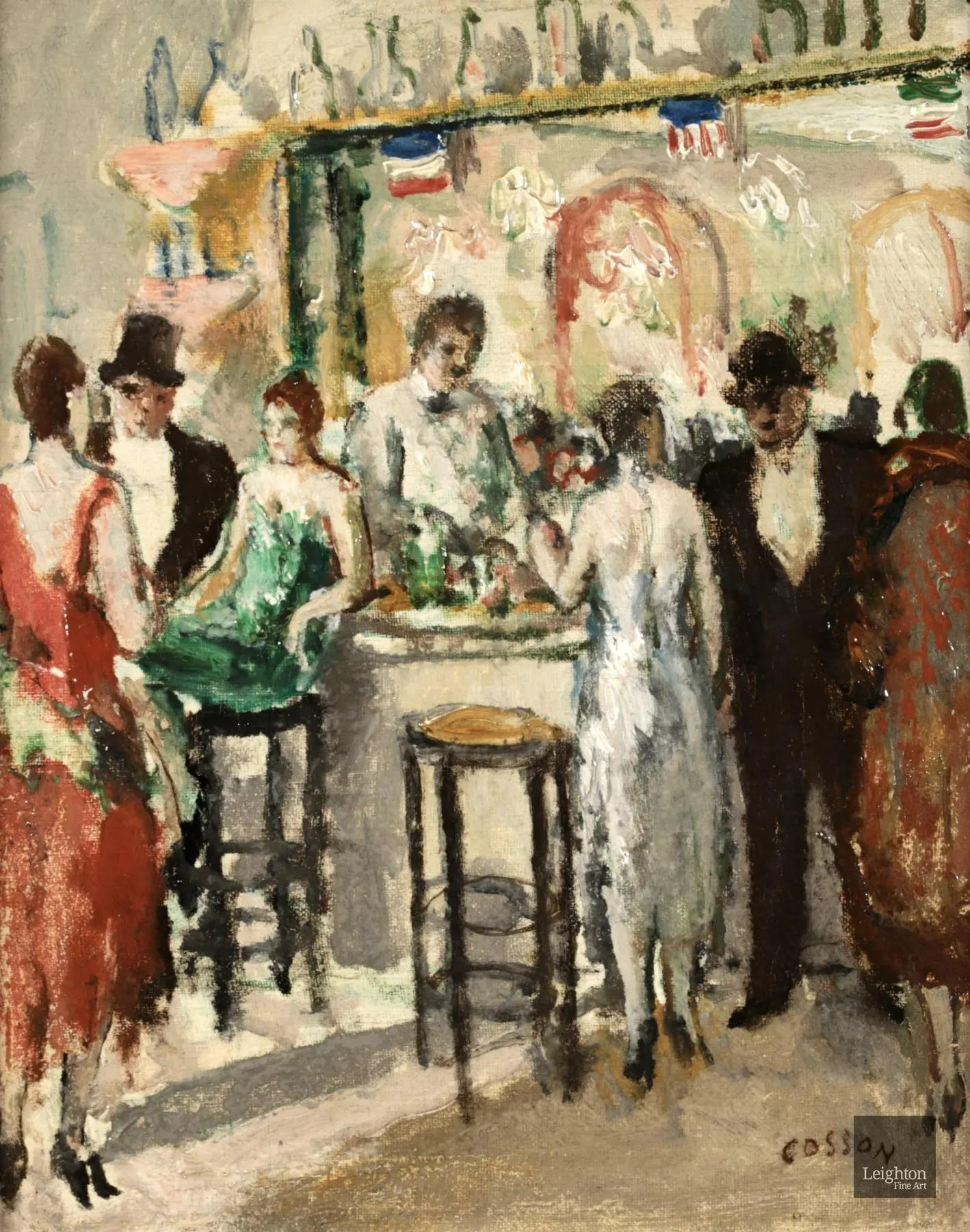 Au Cafe - Pintura al óleo figurativa de interior postimpresionista de Marcel Cosson - Painting Posimpresionista de Jean-Louis-Marcel Cosson