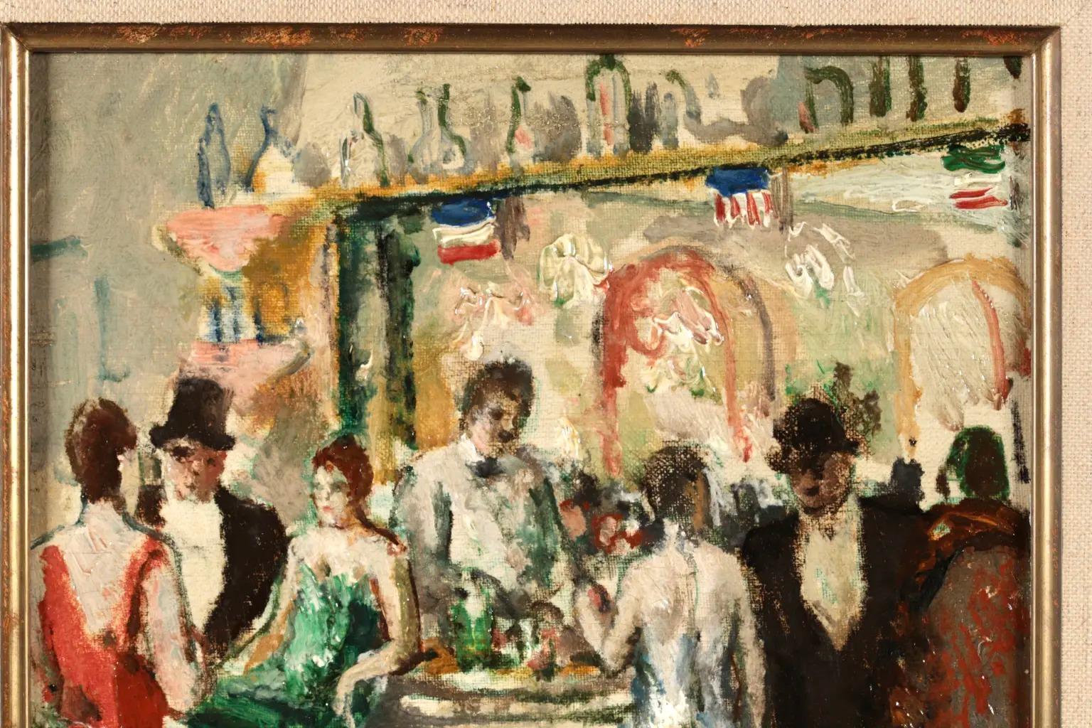 Figuras al óleo sobre tabla en interior firmadas hacia 1940 por el pintor postimpresionista francés Jean-Louis-Marcel Cosson. La obra representa a damas y caballeros elegantemente vestidos en un café parisino. 

Firma:
Firmado abajo a la