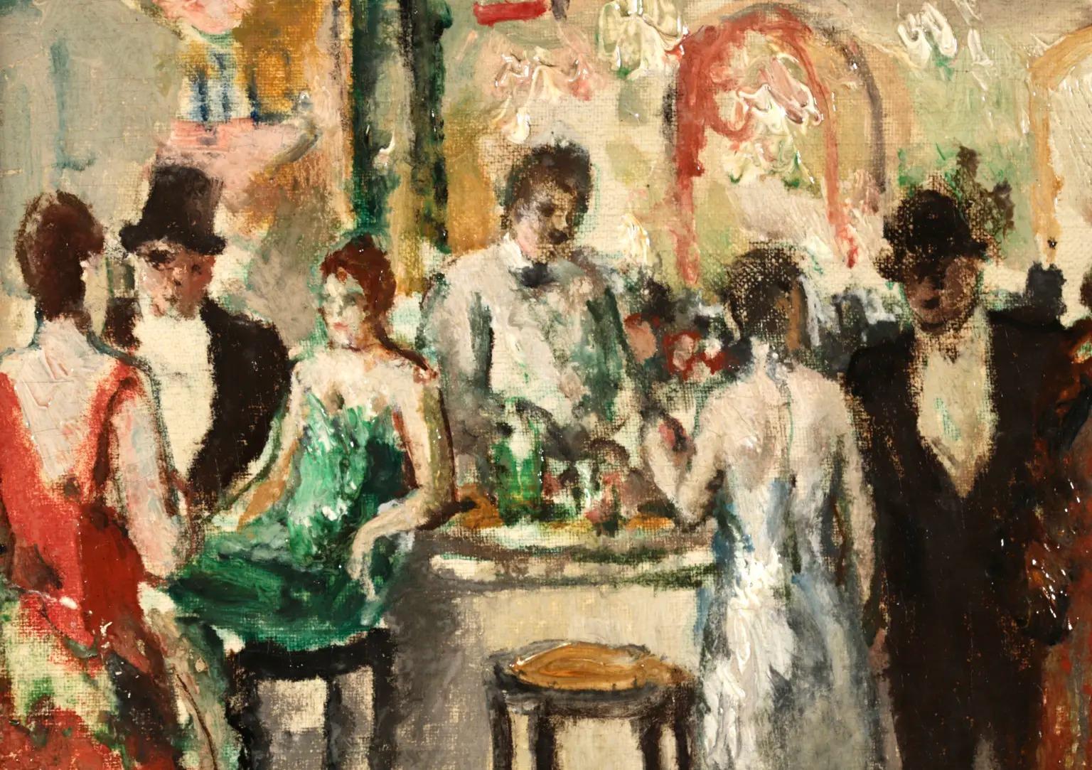 Au Cafe - Pintura al óleo figurativa de interior postimpresionista de Marcel Cosson 2