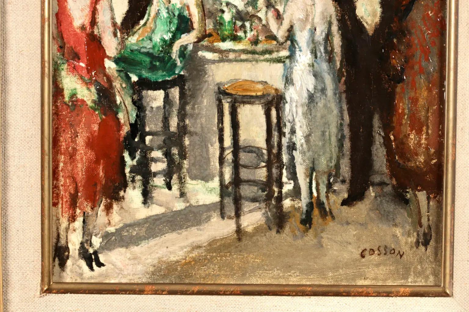 Au Cafe - Pintura al óleo figurativa de interior postimpresionista de Marcel Cosson 3