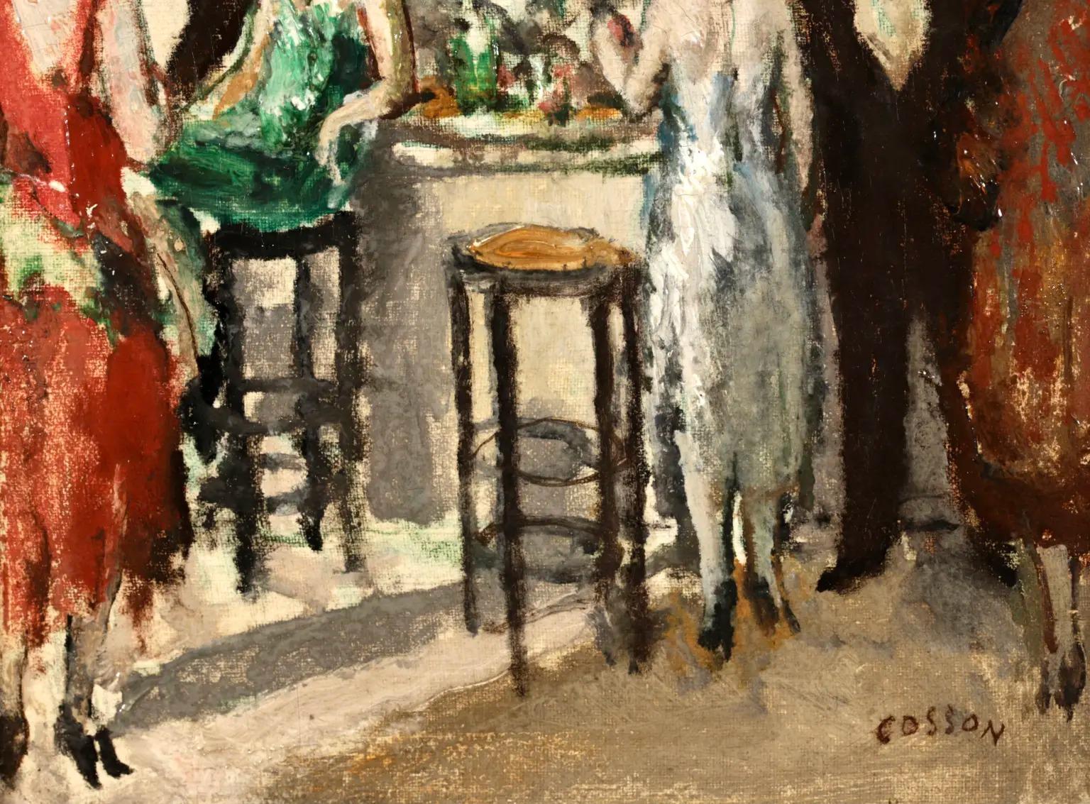 Au Cafe - Pintura al óleo figurativa de interior postimpresionista de Marcel Cosson 4