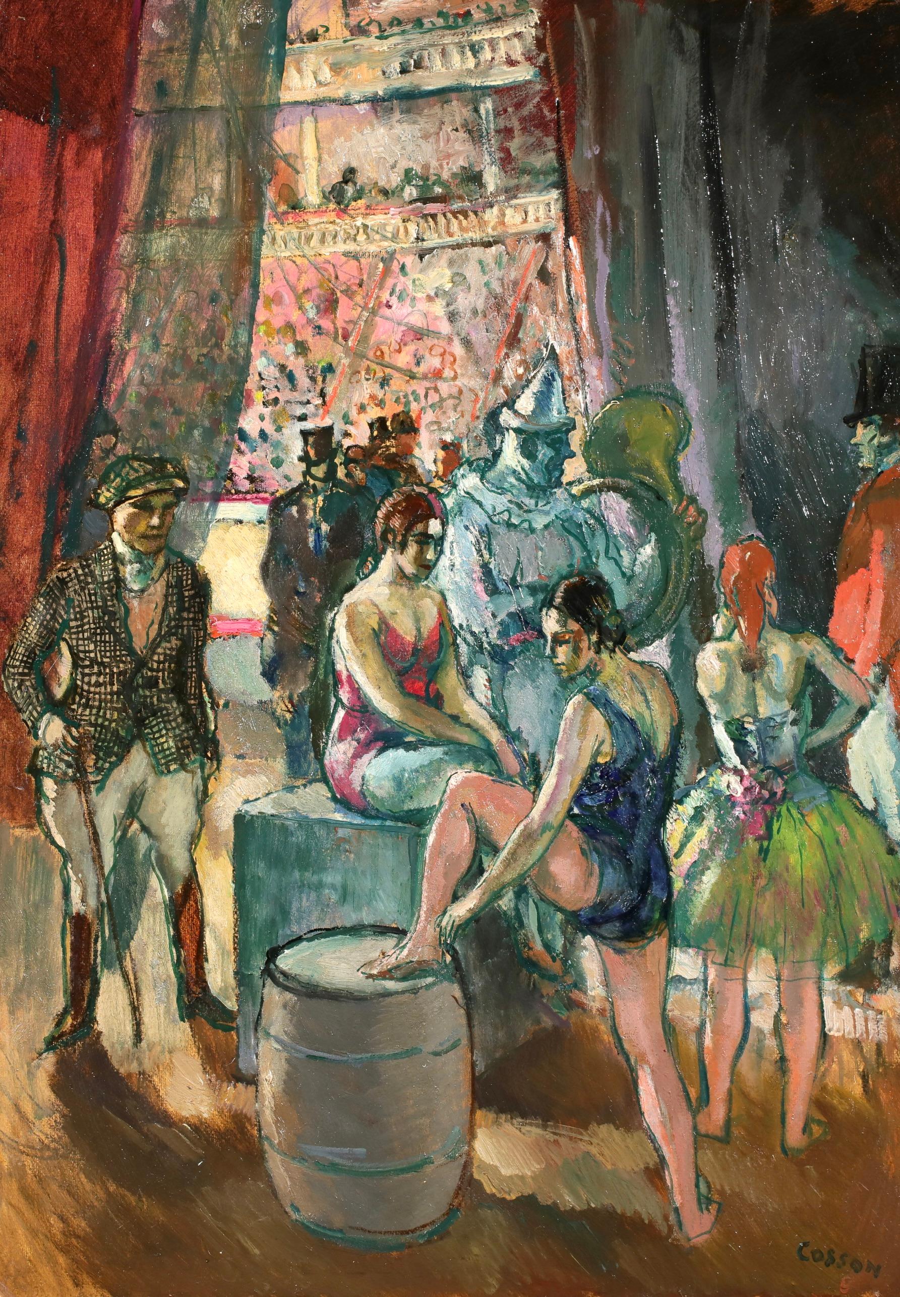 Au Cirque - Post Impressionist Figurative Oil Painting by Marcel Cosson - Brown Interior Painting by Jean-Louis-Marcel Cosson