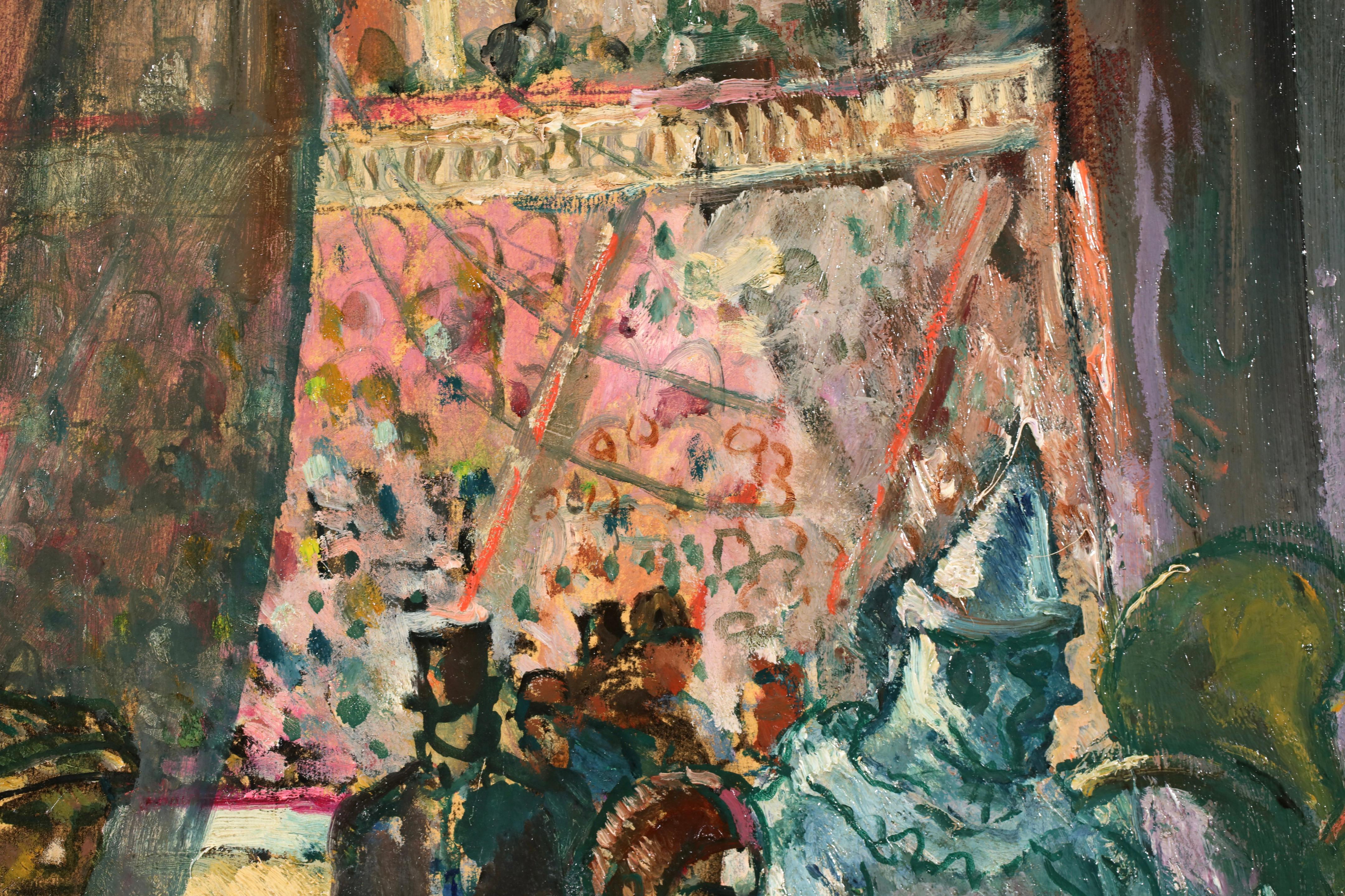 Signed oil on board figures in interior circa 1920 by French post impressionist painter Jean-Louis-Marcel Cosson. The piece gives a behind the scenes look at a French circus. Dancers and clowns dressed in their brightly coloured costumes wait behind