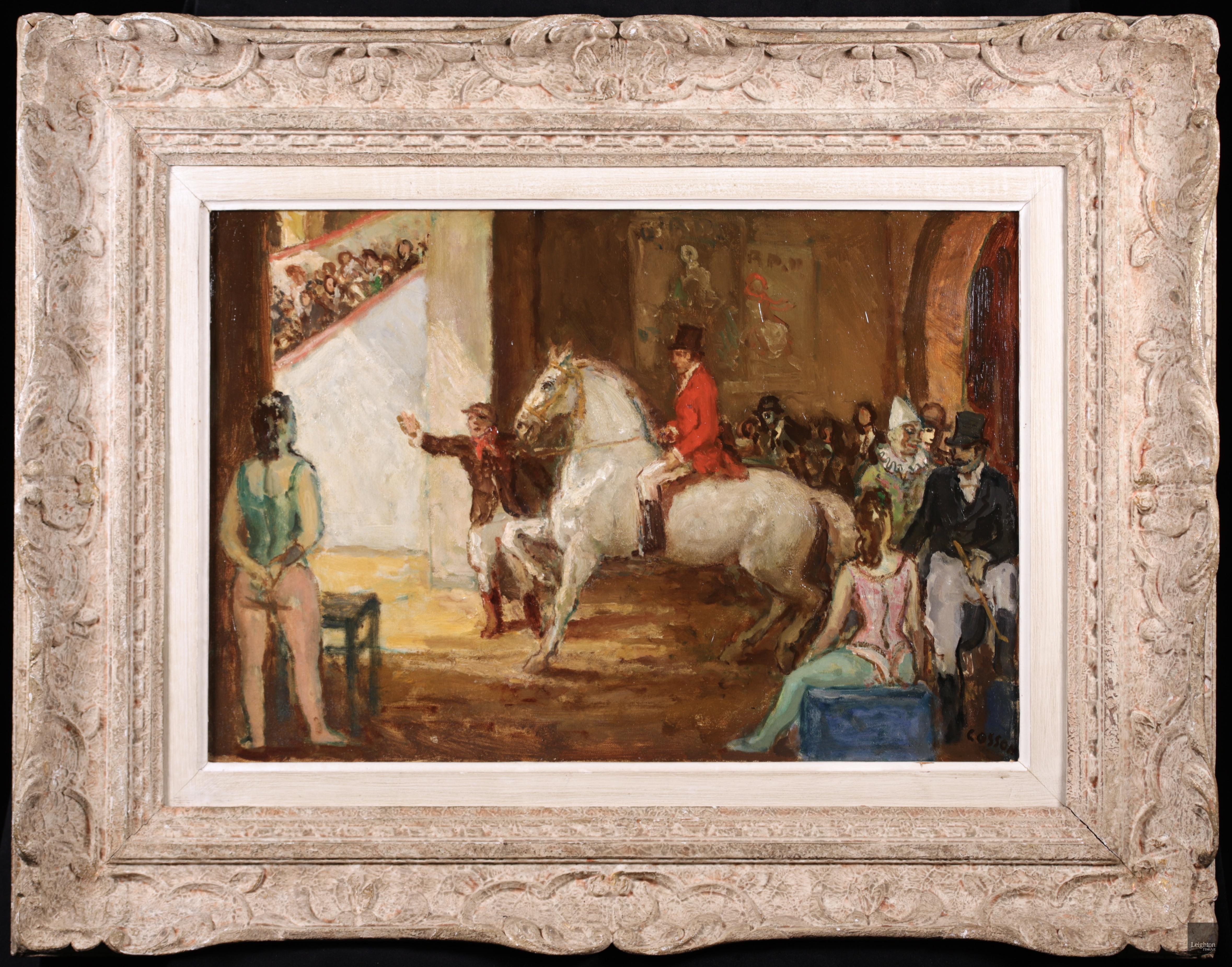 Au Cirque – Postimpressionistisches Ölgemälde, Figuren und Pferd im Zirkus von Marcel Cosson, Postimpressionismus – Painting von Jean-Louis-Marcel Cosson