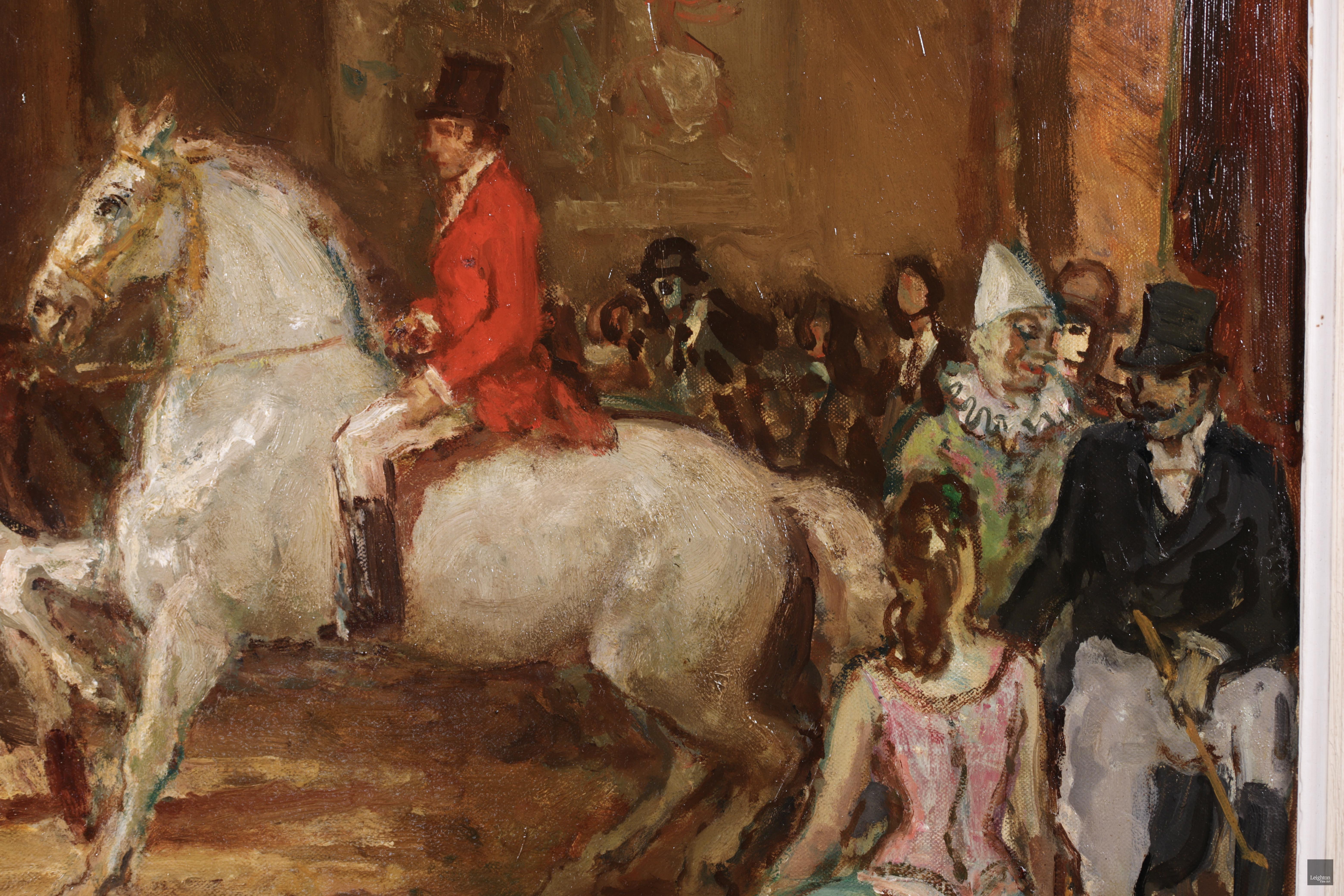Au Cirque – Postimpressionistisches Ölgemälde, Figuren und Pferd im Zirkus von Marcel Cosson, Postimpressionismus (Post-Impressionismus), Painting, von Jean-Louis-Marcel Cosson