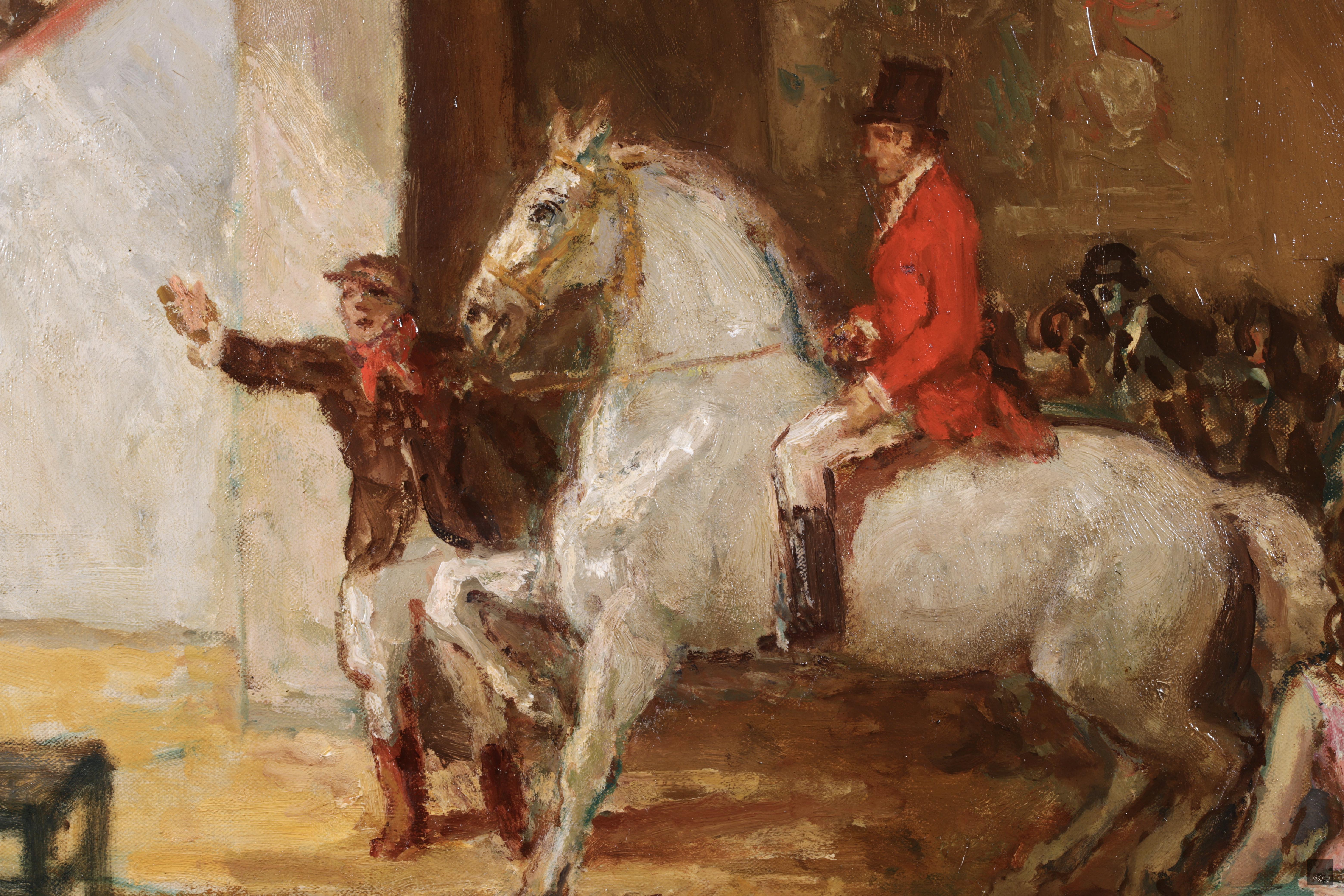 Au Cirque – Postimpressionistisches Ölgemälde, Figuren und Pferd im Zirkus von Marcel Cosson, Postimpressionismus (Braun), Figurative Painting, von Jean-Louis-Marcel Cosson