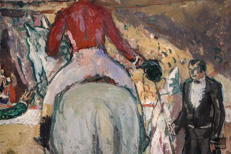 A wonderful signed oil on board circa 1940 by French post impressionist painter Jean-Louis-Marcel Cosson. The piece gives a behind the scenes look at a French circus. In the centre of the painting a circus performer sits on a white horse. There is