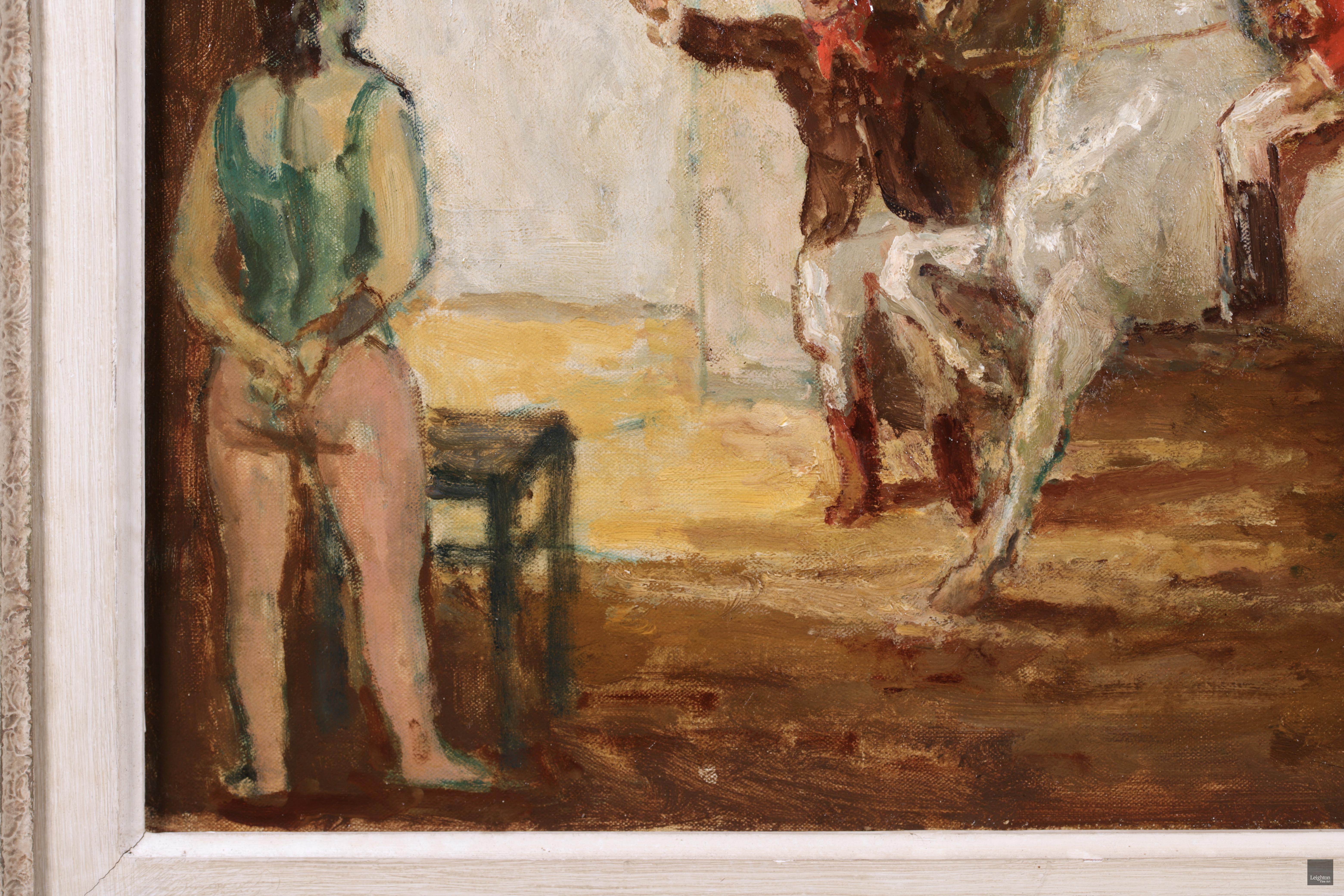 Au Cirque – Postimpressionistisches Ölgemälde, Figuren und Pferd im Zirkus von Marcel Cosson, Postimpressionismus im Angebot 1