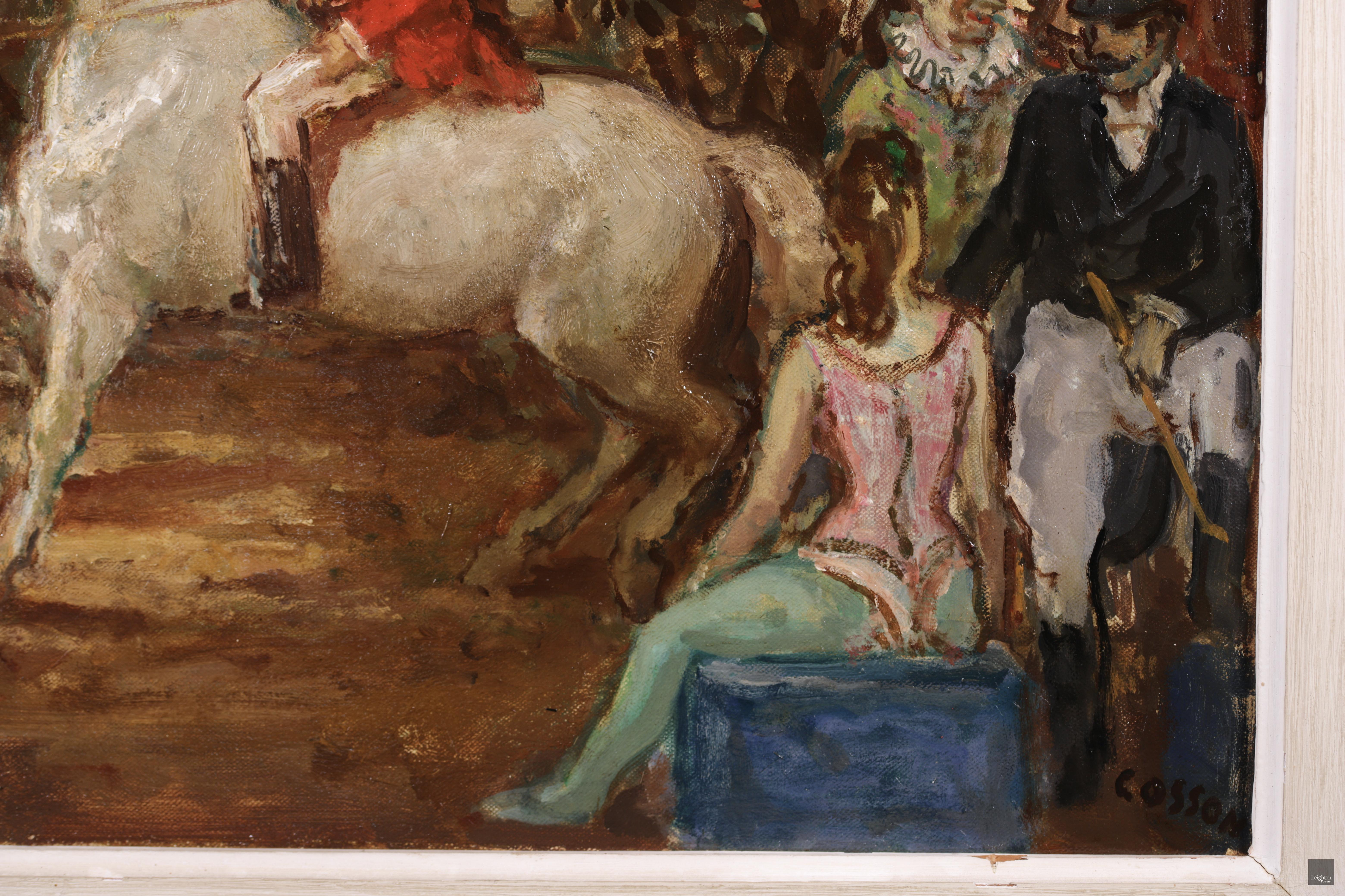 Au Cirque - Post Impressionist Oil, Figures & Horse at Circus by Marcel Cosson - Brown Figurative Painting by Jean-Louis-Marcel Cosson