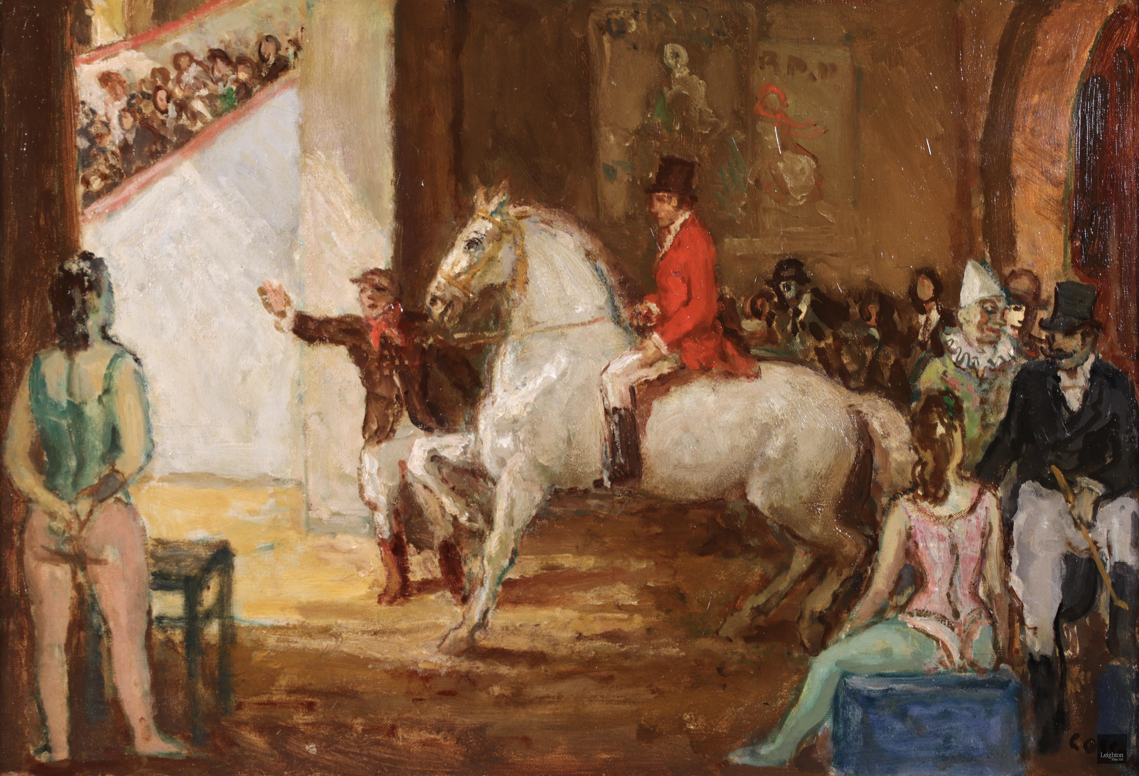 Jean-Louis-Marcel Cosson Figurative Painting – Au Cirque – Postimpressionistisches Ölgemälde, Figuren und Pferd im Zirkus von Marcel Cosson, Postimpressionismus