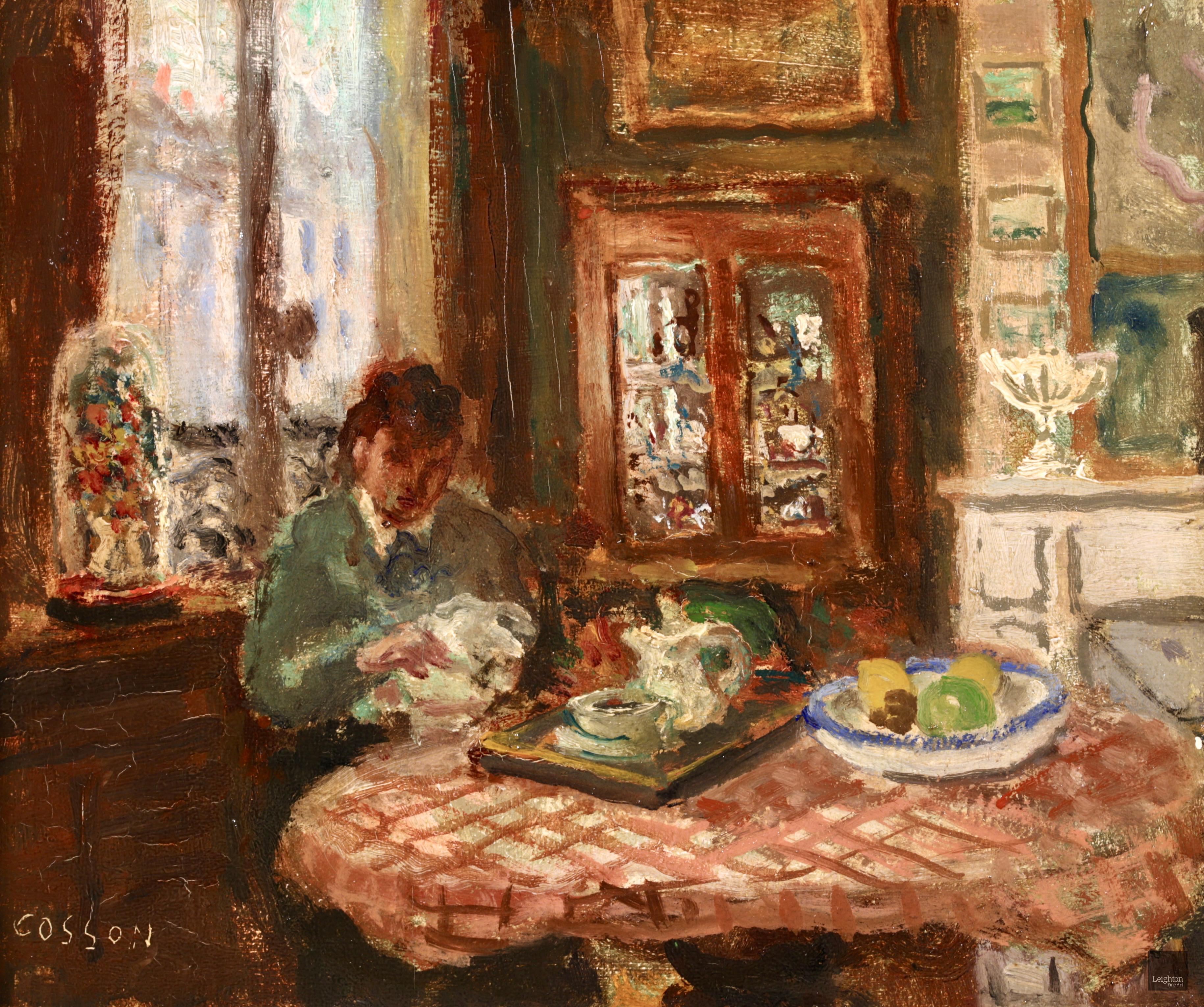 Au Salon - Post Impressionist Oil, Figure in Interior by Marcel Cosson - Painting by Jean-Louis-Marcel Cosson