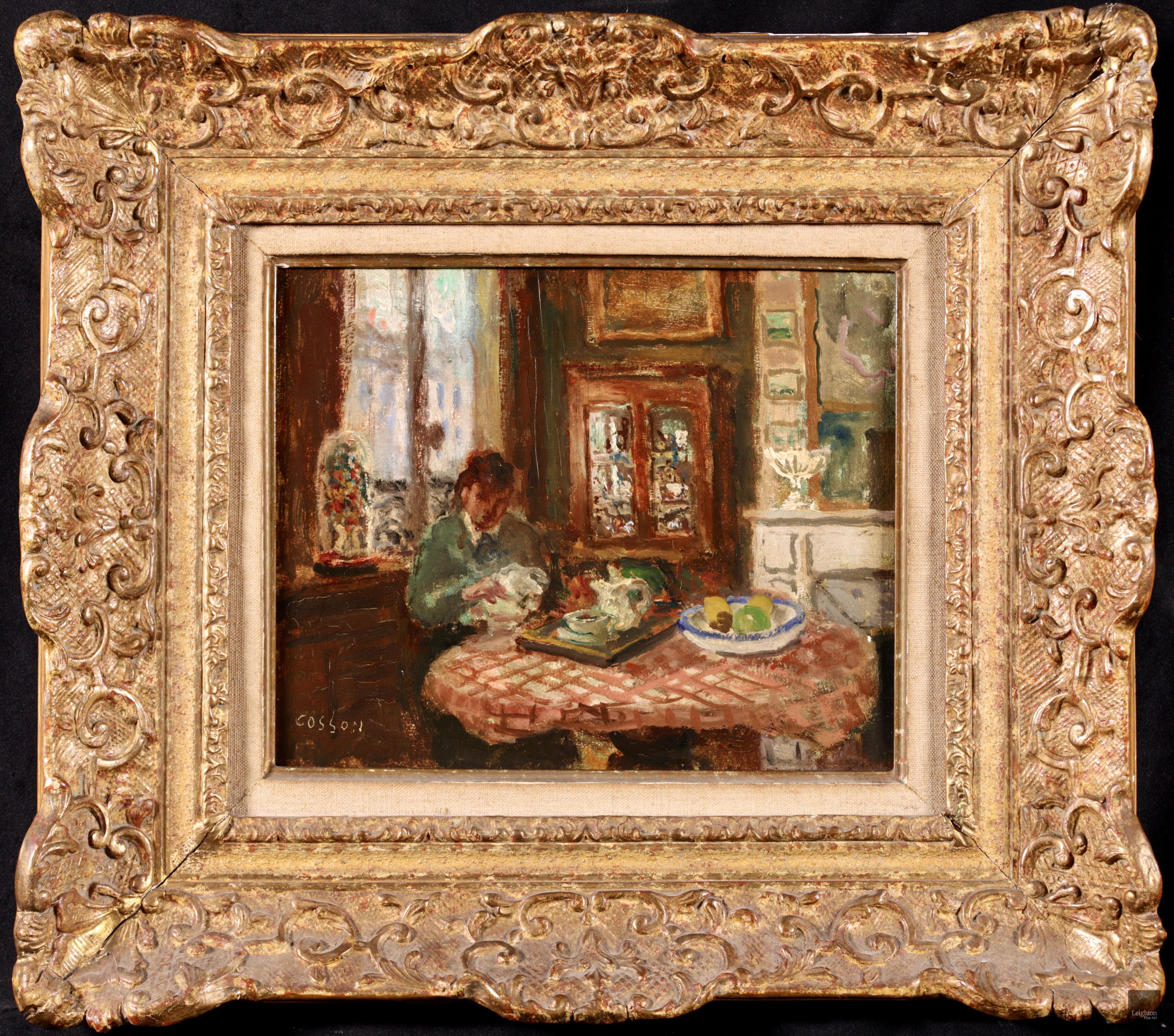 Jean-Louis-Marcel Cosson Figurative Painting - Au Salon - Post Impressionist Oil, Figure in Interior by Marcel Cosson