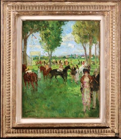 Postimpressionistische Ölgemälde, Figuren bei Pferderennen von Marcel Cosson, „Aux Courses“