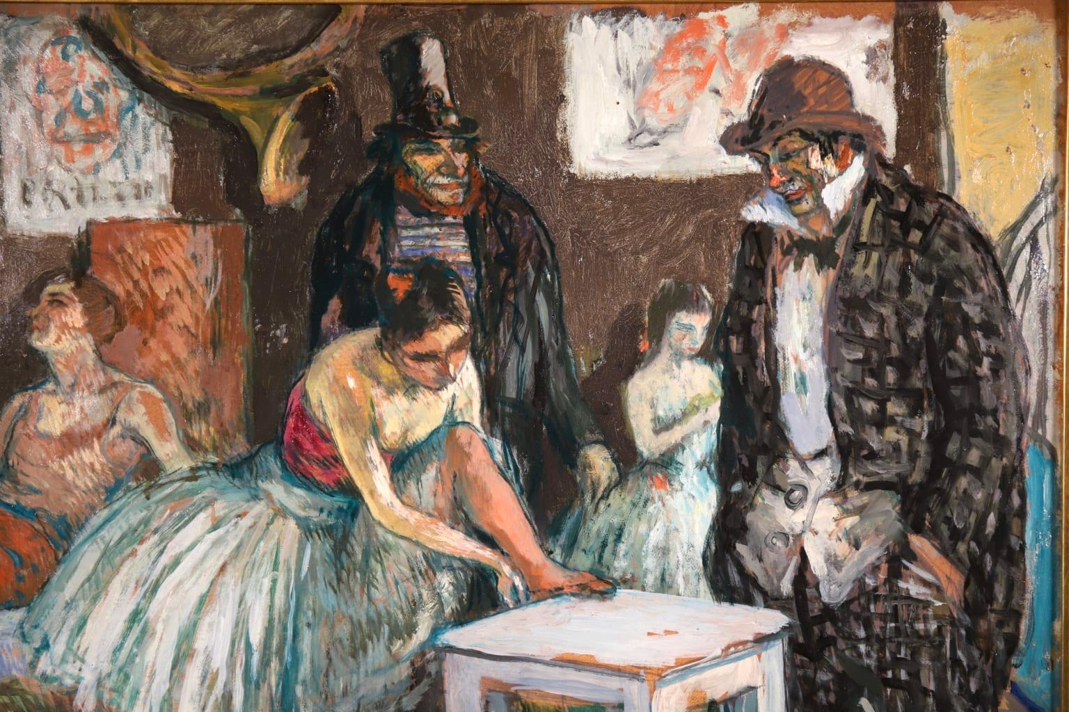 A wonderful oil on board circa 1930 by French post impressionist painter Jean-Louis-Marcel Cosson. The piece gives a behind the scenes look at a French circus. In the centre of the painting a ballerina rests her foot on a wrote stall as she ties her