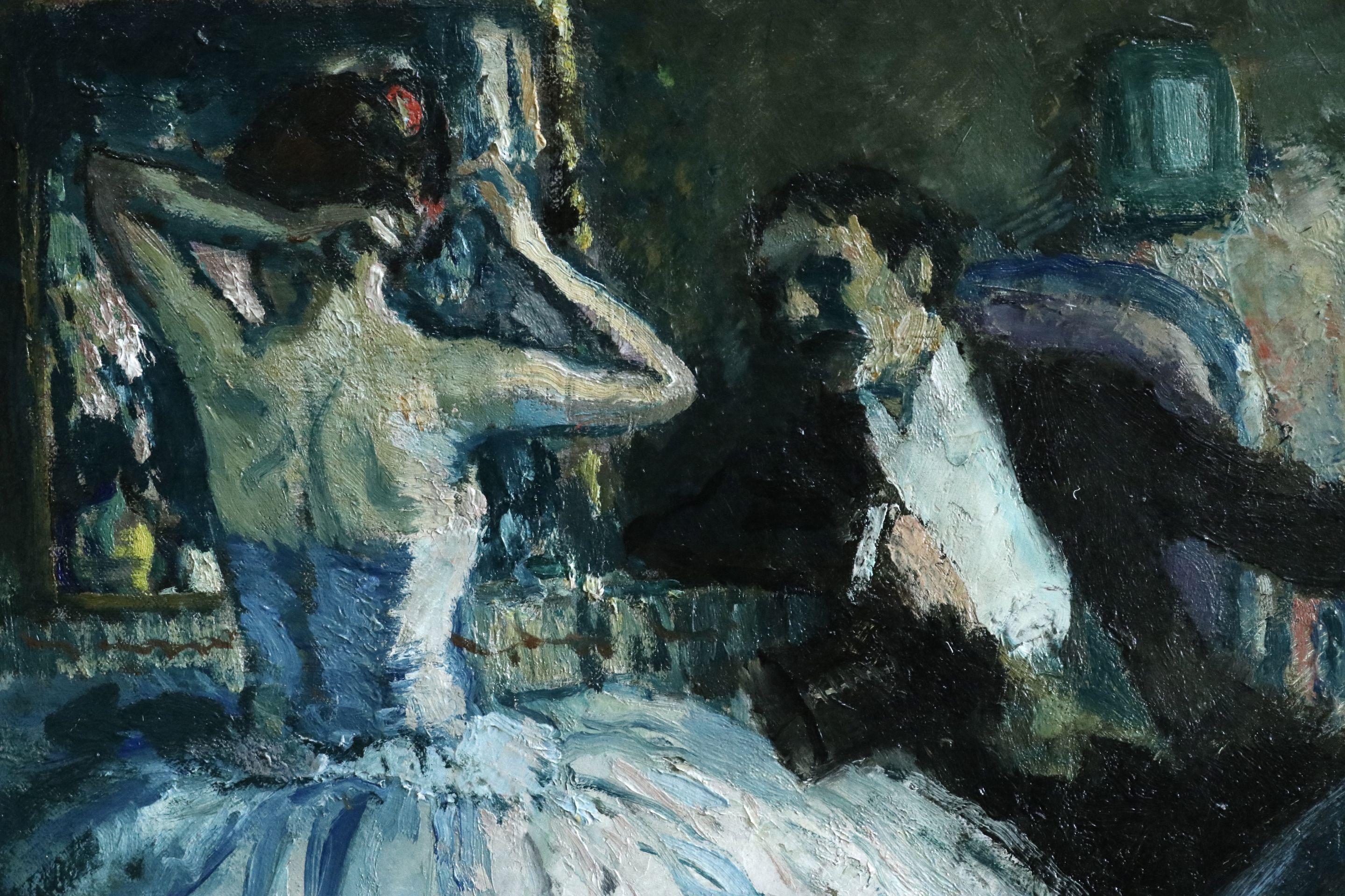 Oil on canvas by Jean-Louis-Marcel Cosson depicting two dancers seated in a dressing room while a gentleman talks to the one who is adjusting her hair in front of a mirror. Signed lower left. Framed dimensions are 25 inches high by 31 inches