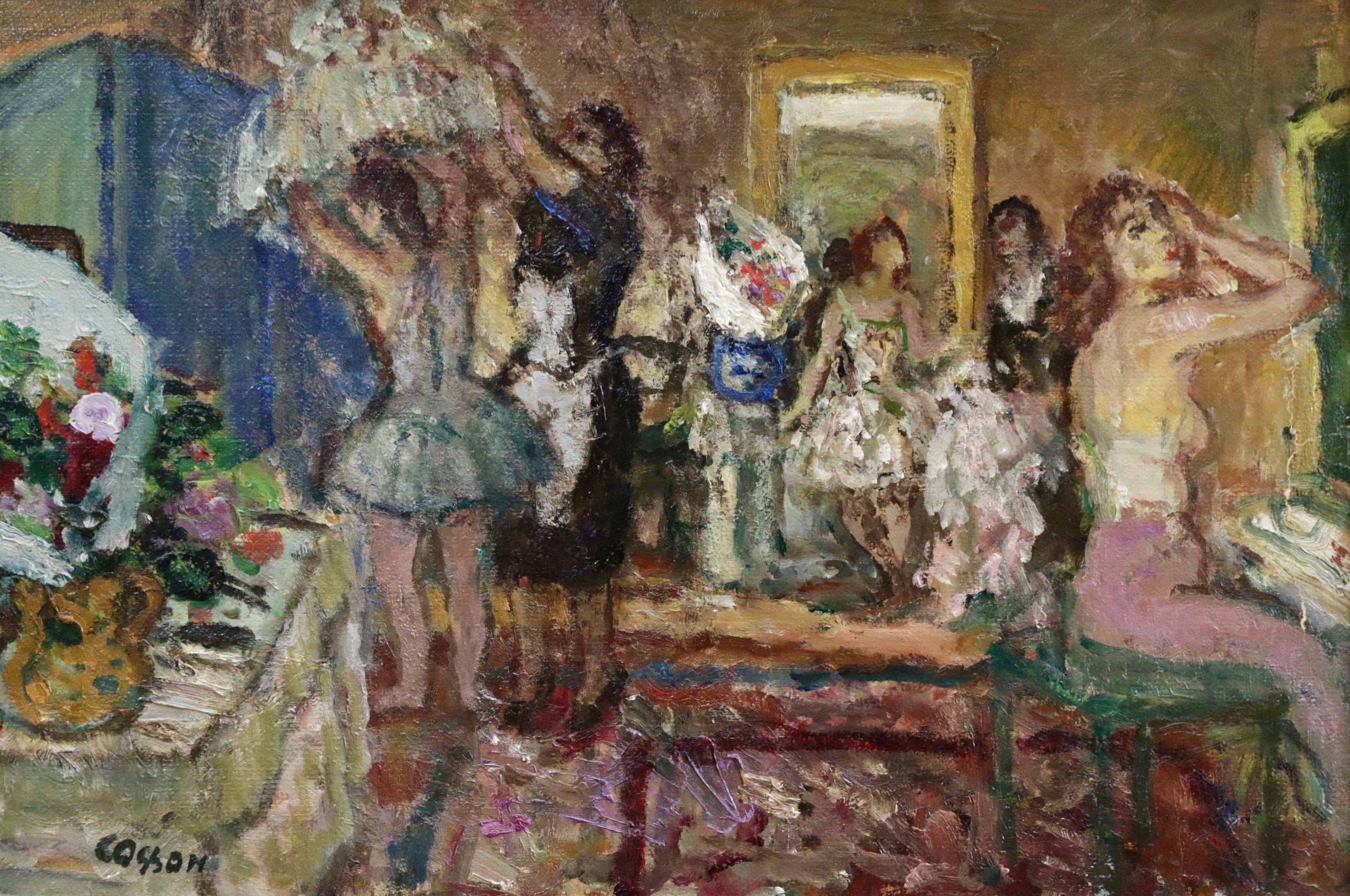 Dancers in Dressing Room - Mid 20th Century Oil, Figures in Interior by Cosson - Painting by Jean-Louis-Marcel Cosson