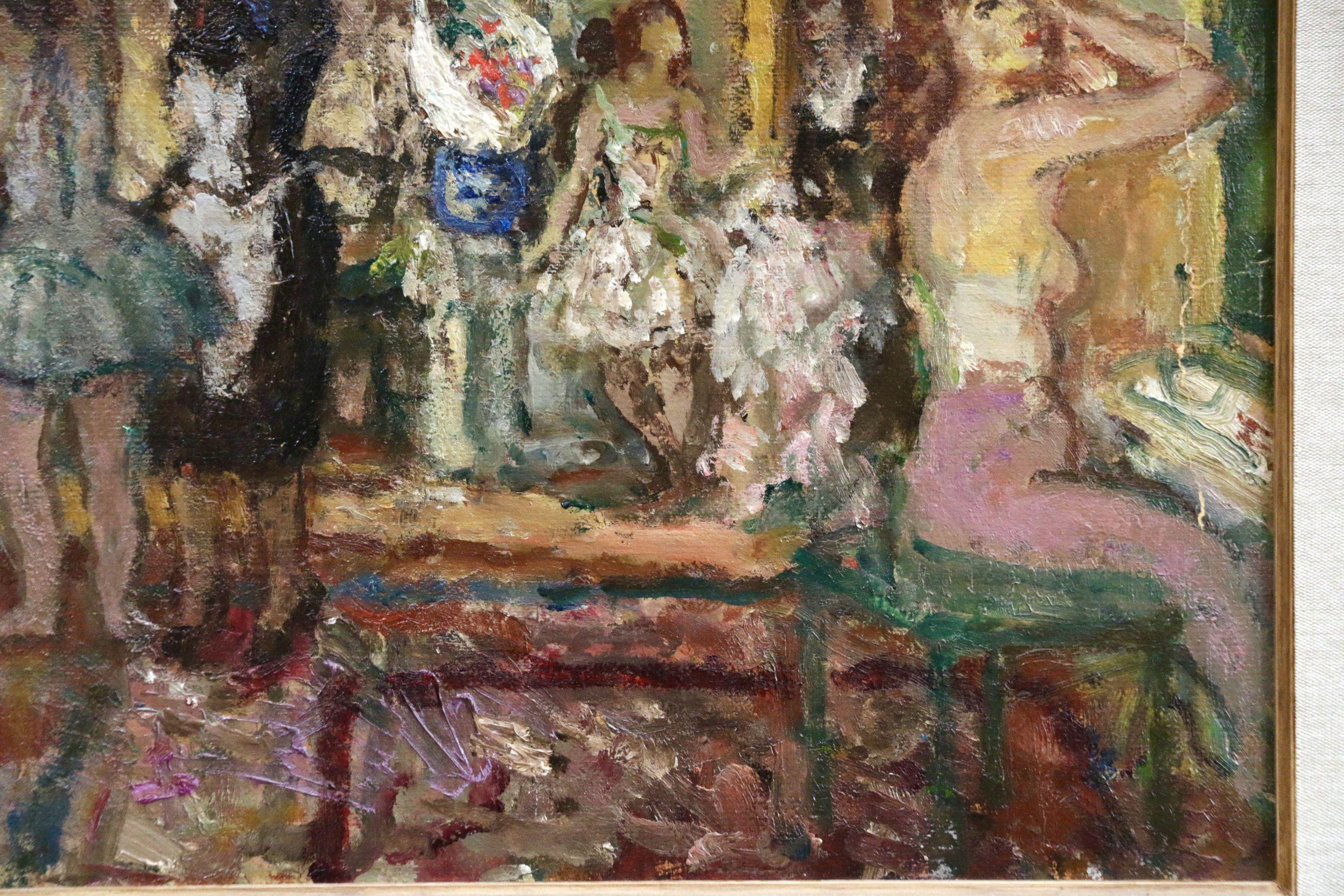 Dancers in Dressing Room - Mid 20th Century Oil, Figures in Interior by Cosson - Post-Impressionist Painting by Jean-Louis-Marcel Cosson