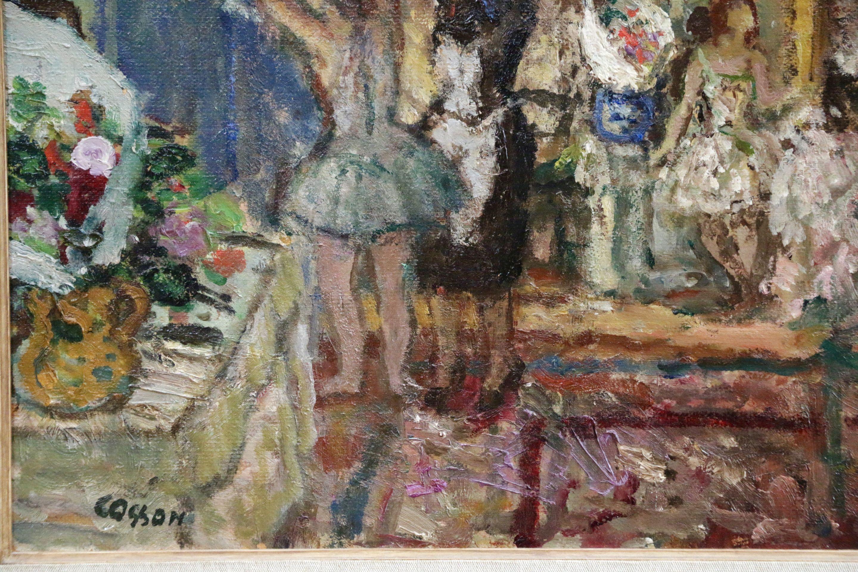 Dancers in Dressing Room - Mid 20th Century Oil, Figures in Interior by Cosson - Brown Interior Painting by Jean-Louis-Marcel Cosson