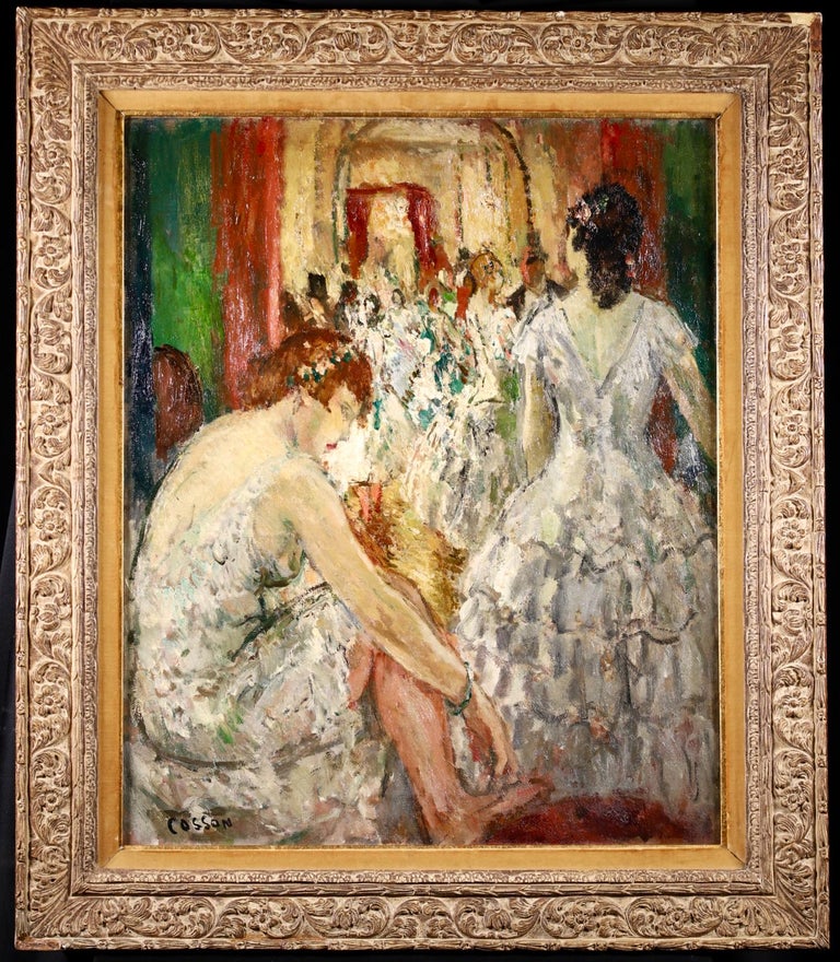 Jean-Louis-Marcel Cosson Interior Painting - Dancer's Lodge - Post Impressionist Oil, Figures in Interior by Marcel Cosson