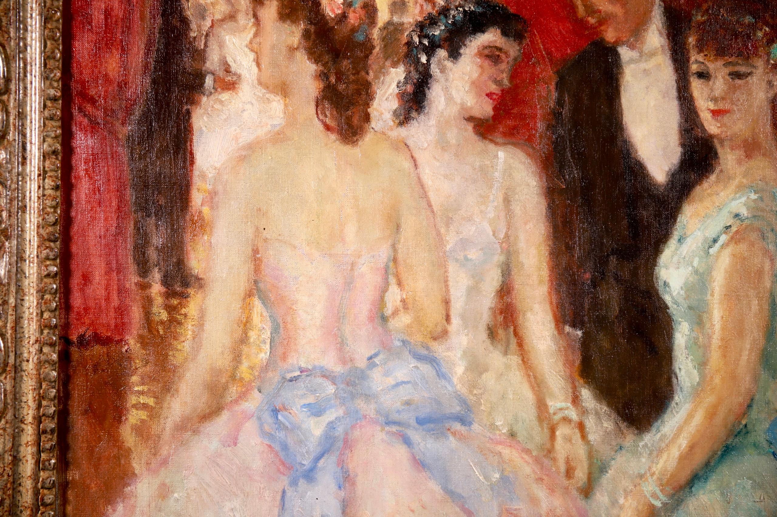 A charming oil on canvas circa 1920 by French Post Impressionist painter Jean-Louis-Marcel Cosson. The work depicts beautifully dressed dancers talking attending a ball. In the foreground are a two women one in a pink dress with a blue bow and