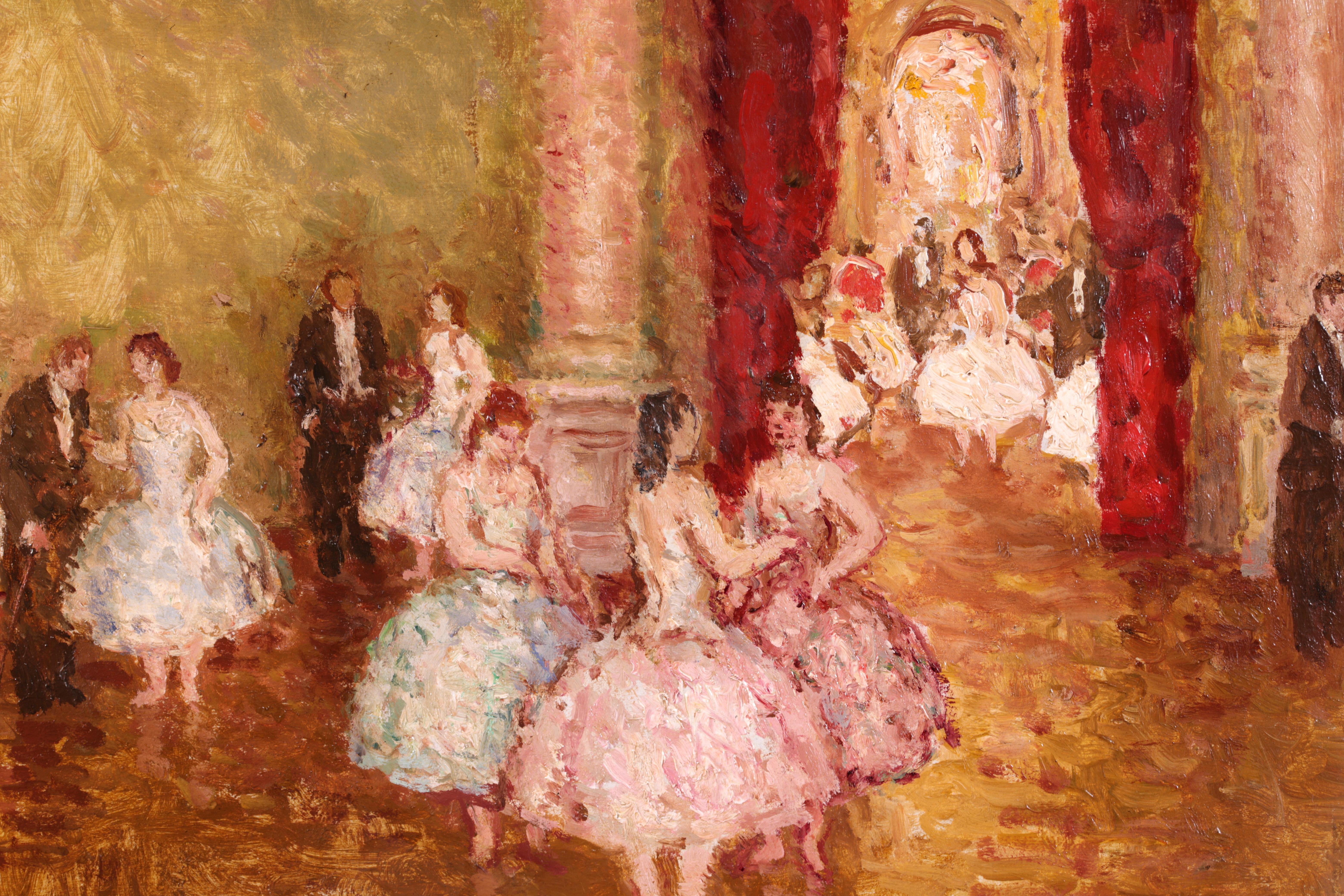 Danseurs au Foyer, huile post-impressionniste, figures à l'intérieur de Marcel Cosson - Marron Figurative Painting par Jean-Louis-Marcel Cosson