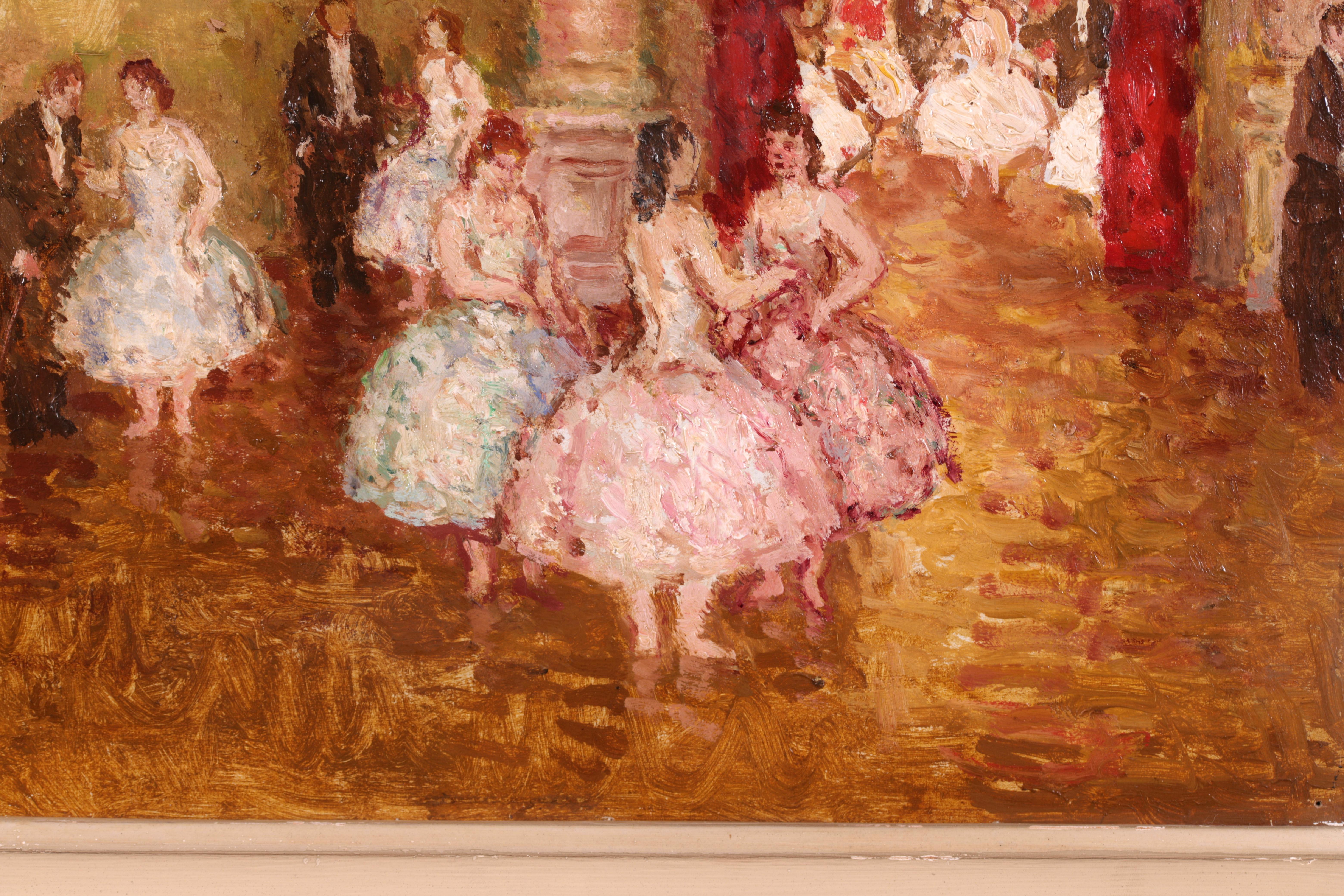 Huile figurative post impressionniste sur panneau vers 1930 signée par le peintre français Marcel Cosson. L'œuvre représente un bal qui se déroule dans un grand hall d'entrée avec de belles femmes vêtues de robes de bal roses, bleues et vertes et