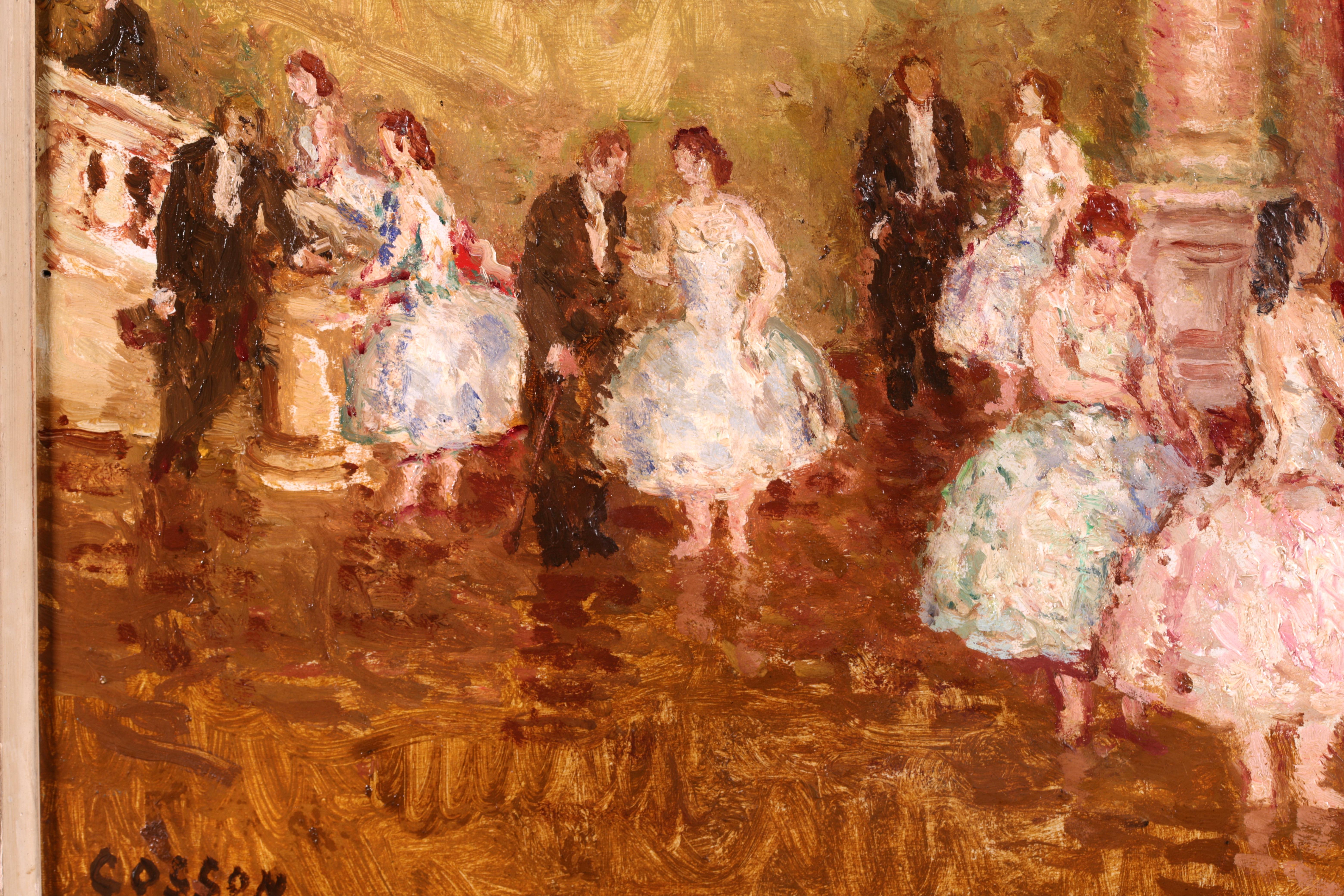 Danseurs au Foyer - Post Impressionist Oil, Figures in Interior by Marcel Cosson - Brown Figurative Painting by Jean-Louis-Marcel Cosson