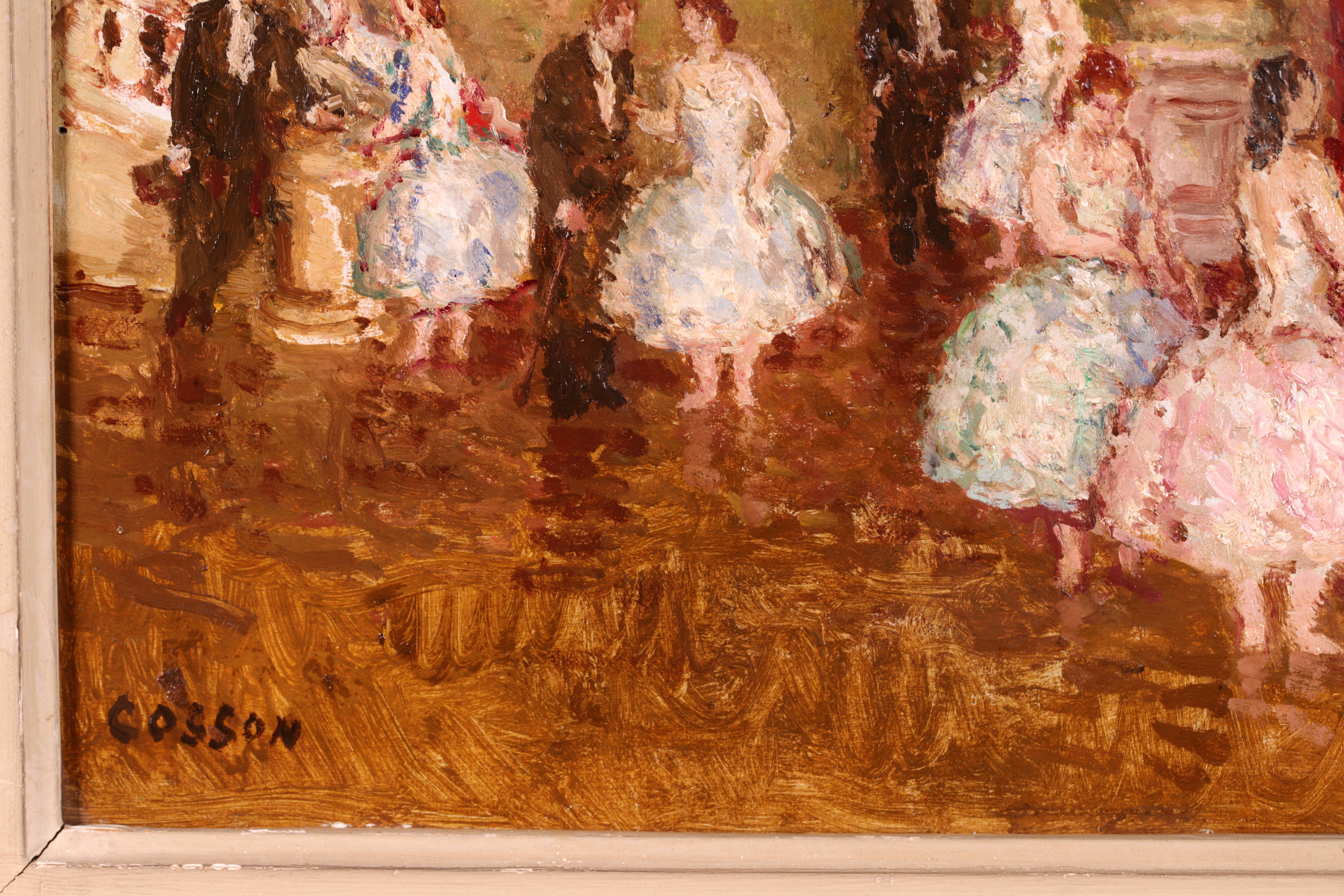 Signed post impressionist figurative oil on board circa 1930 by French painter Marcel Cosson. The work depicts a ball taking place in a grand entrance hall with beautiful women dressed in pink, blue and green ball gowns and their dance partners in