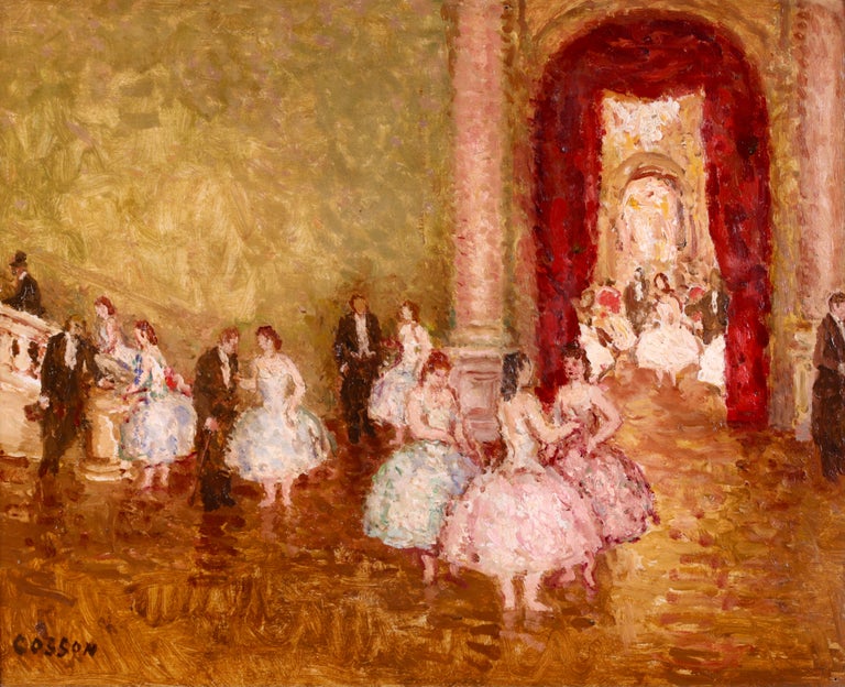Jean-Louis-Marcel Cosson Figurative Painting - Danseurs au Foyer - Post Impressionist Oil, Figures in Interior by Marcel Cosson