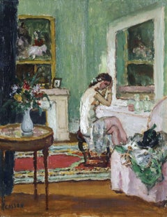 Danseuse dans sa Loge - 20th Century French Oil, Figure in Interior by Cosson