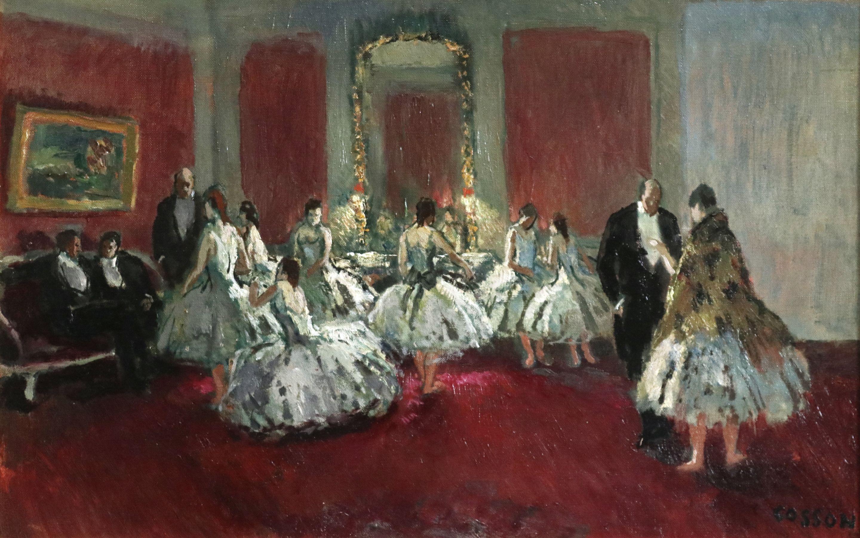 Danseuse - Huile post-impressionniste, Danseurs de ballet dansant à l'intérieur par Jean Cosson - Painting de Jean-Louis-Marcel Cosson