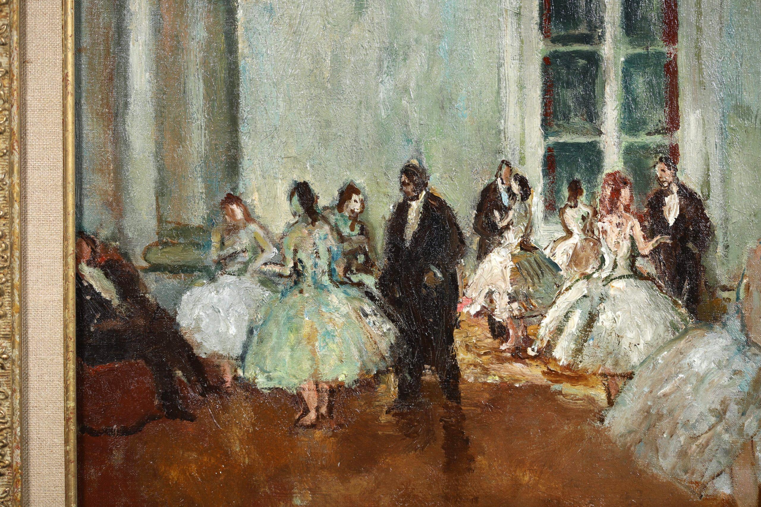 Signed post impressionist figures in interior oil on canvas circa 1940 by French painter Jean-Louis-Marcel Cosson. The work depicts dancers in white gowns standing in the grand foyer of a French opera house enjoying leisurely conversation with