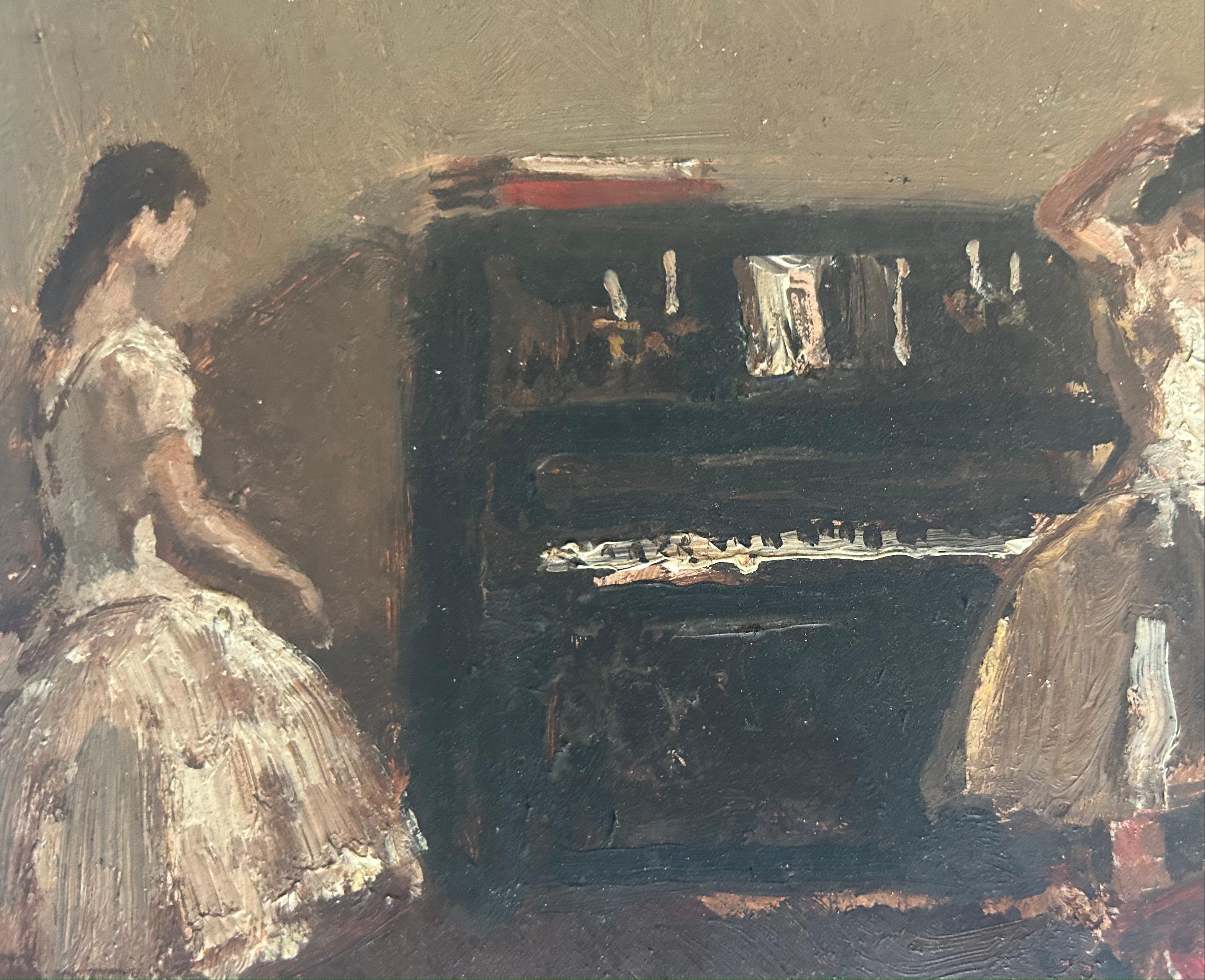 Une œuvre très bien réalisée de Marcel Cosson représentant des danseuses de l'Opéra de Paris devant un piano. Les danseuses se préparent pour leur séance de travail, le pianiste n'est pas encore arrivé. Ce thème est celui le plus recherché dans