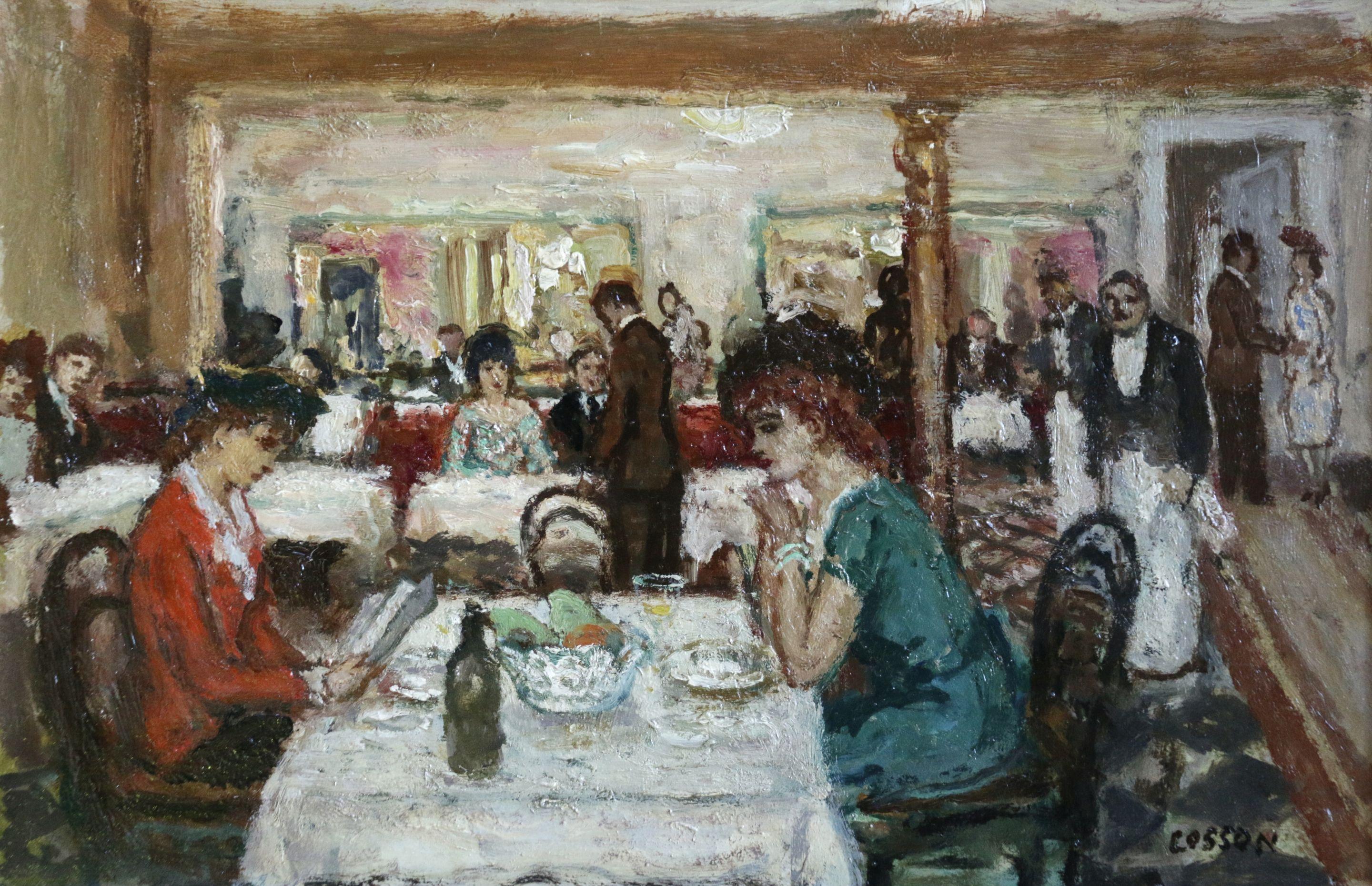 Jean-Louis-Marcel Cosson Interior Painting - Figures in a Cafe- 20th Century Oil, Elegant Figures Dining in Interior, Cosson 