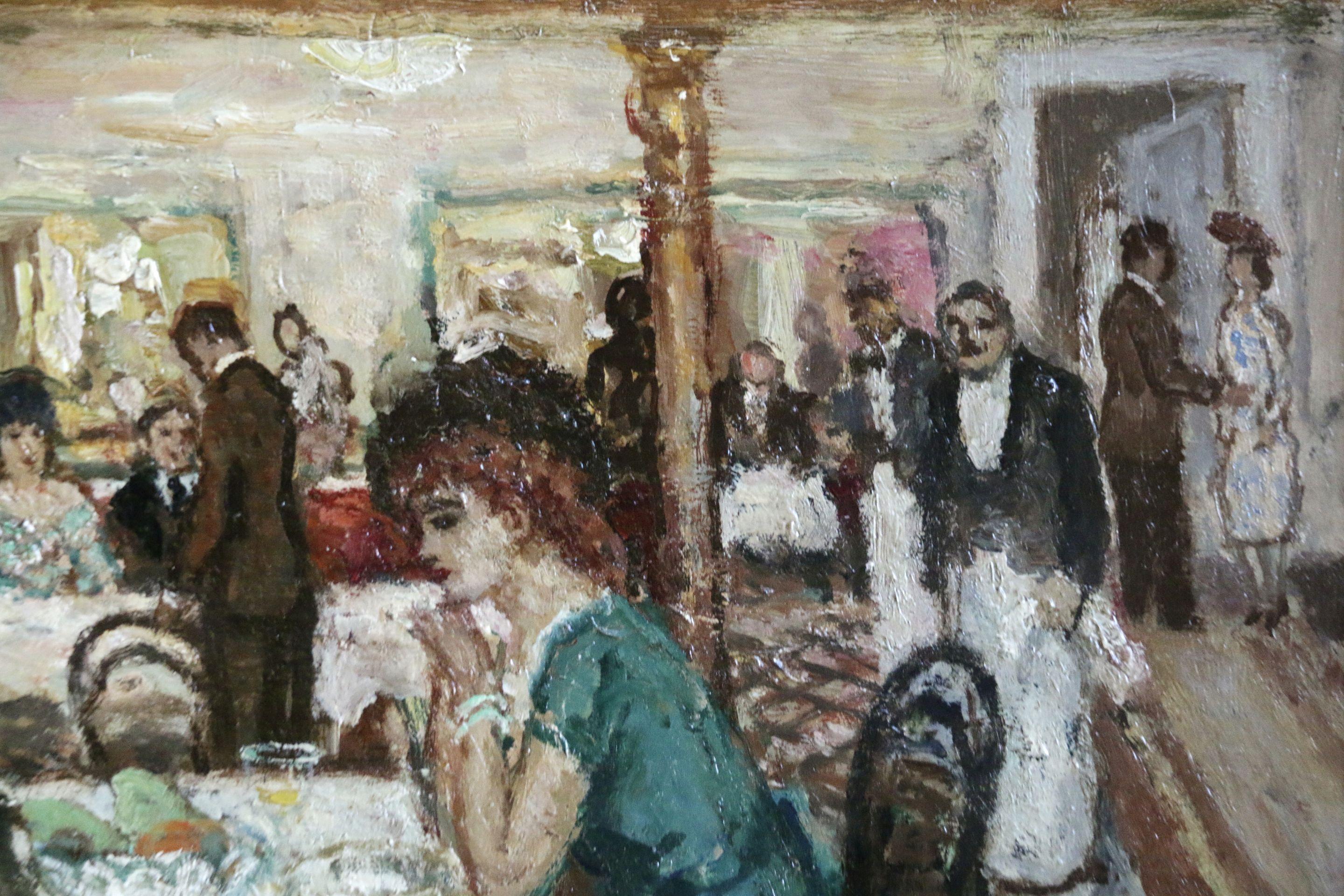 Figuren in einem Cafe – Ölgemälde des 20. Jahrhunderts, elegante Figuren, Esszimmer im Innenraum, Cosson  (Post-Impressionismus), Painting, von Jean-Louis-Marcel Cosson