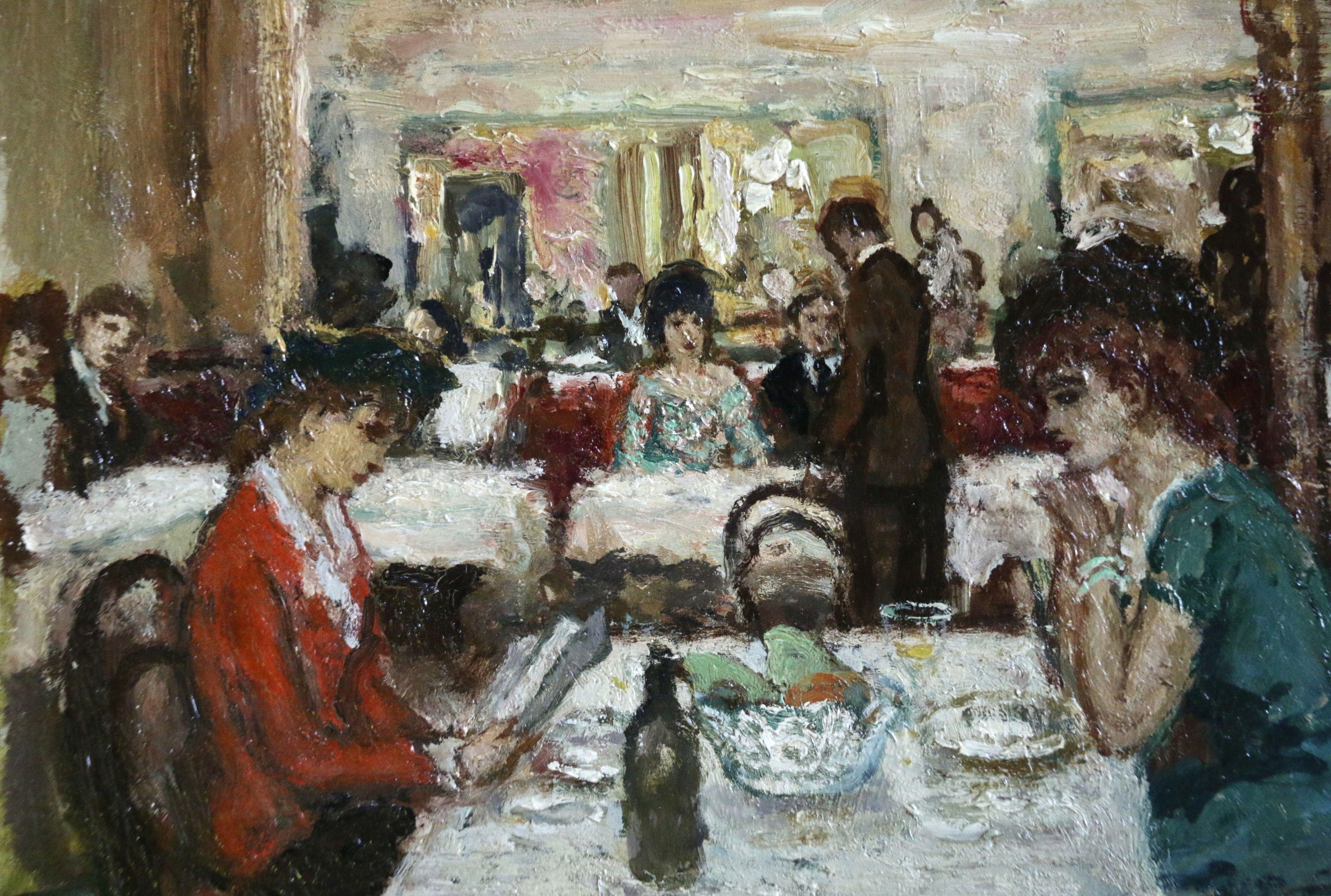 Figuren in einem Cafe – Ölgemälde des 20. Jahrhunderts, elegante Figuren, Esszimmer im Innenraum, Cosson  (Grau), Interior Painting, von Jean-Louis-Marcel Cosson