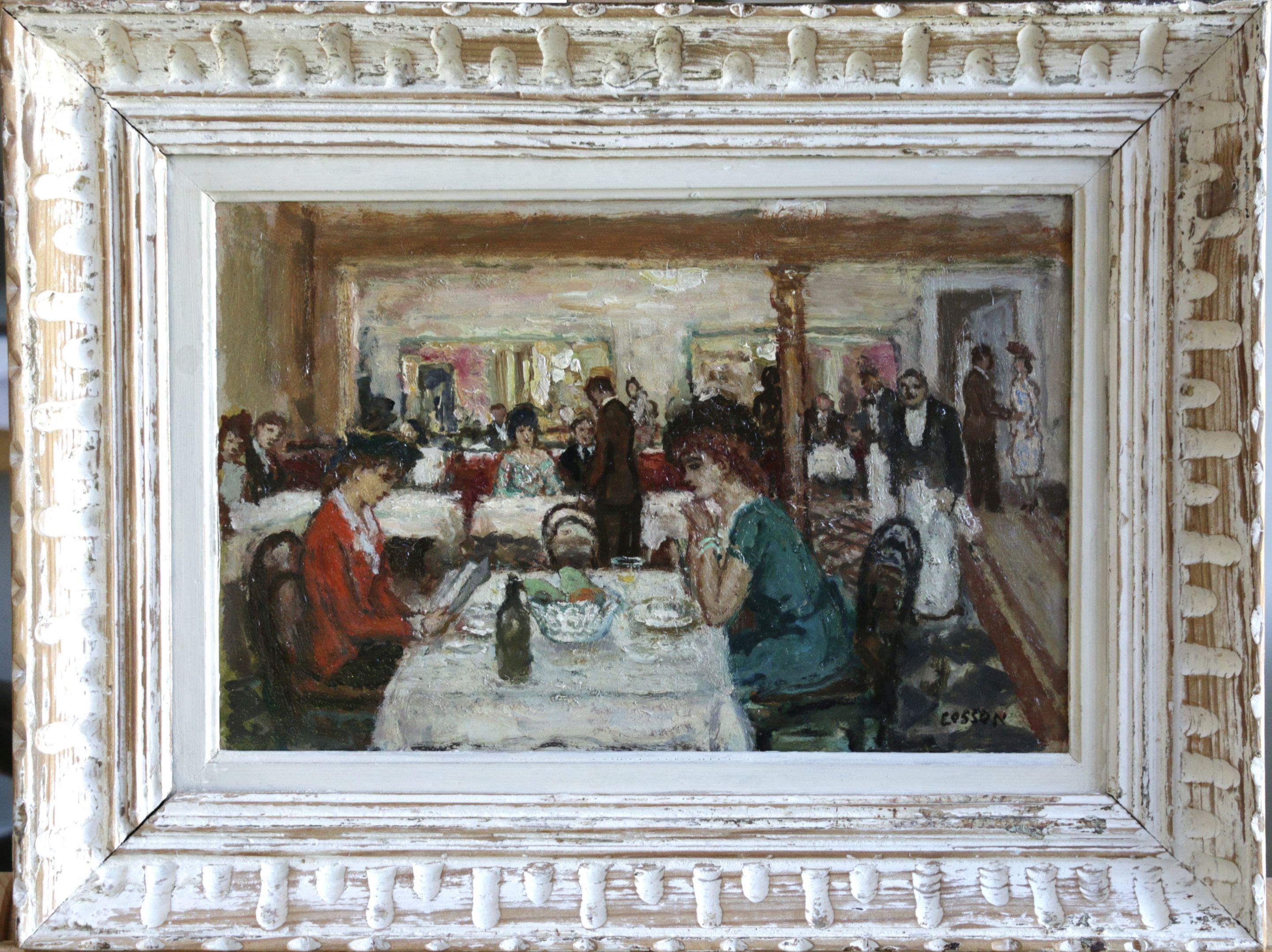 Figuren in einem Cafe – Ölgemälde des 20. Jahrhunderts, elegante Figuren, Esszimmer im Innenraum, Cosson  – Painting von Jean-Louis-Marcel Cosson