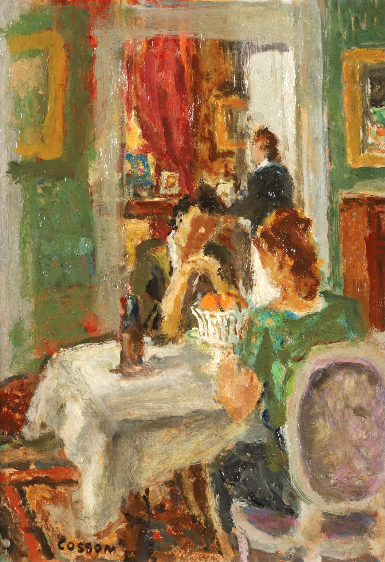 Signed post impressionist figures in interior oil on artist's board circa 1950 by French painter Jean-Louis-Marcel Cosson. The work depicts two women seated at a table deep in conversation while the maid prepares drinks in the
