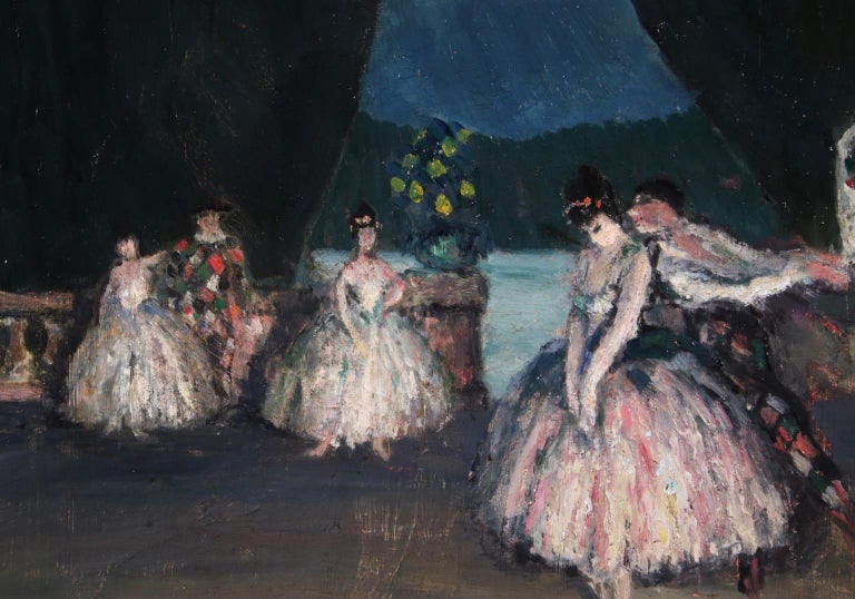 Harlequin et Danseuse - Post Impressionist Oil, Figures in Interior by M Cosson - Black Interior Painting by Jean-Louis-Marcel Cosson