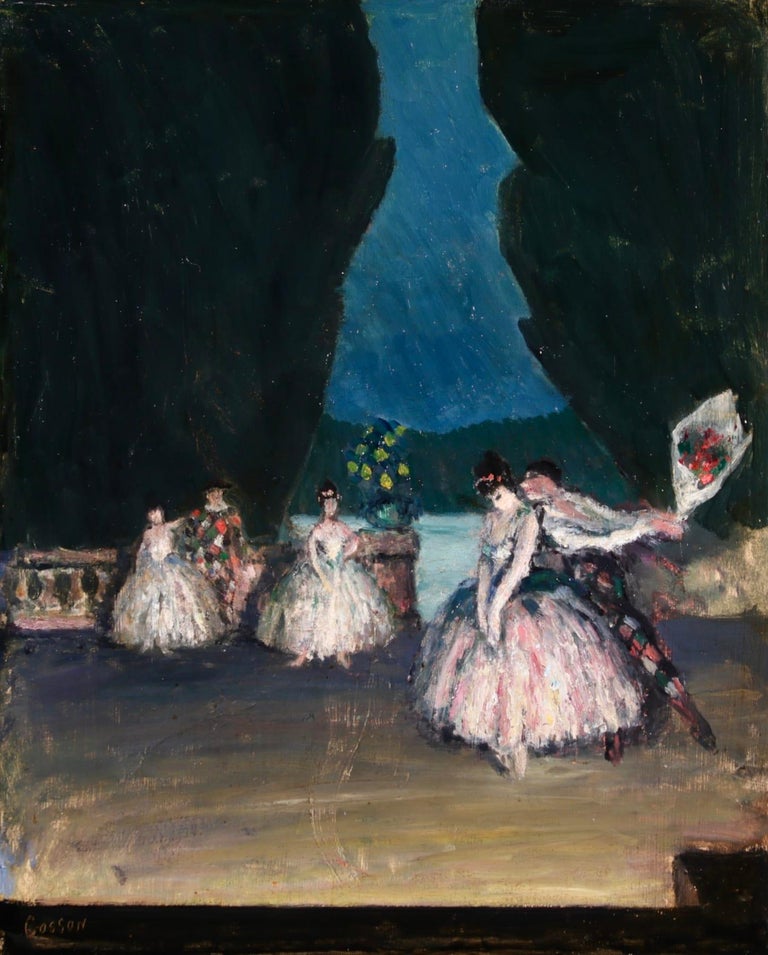 Jean-Louis-Marcel Cosson Interior Painting - Harlequin et Danseuse - Post Impressionist Oil, Figures in Interior by M Cosson