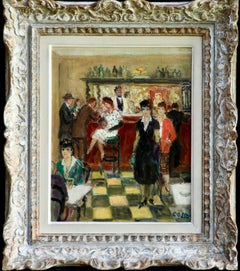 Vintage Le Bistrot du Coin - Post Impressionist Oil, Figures in Cafe Interior by Cosson