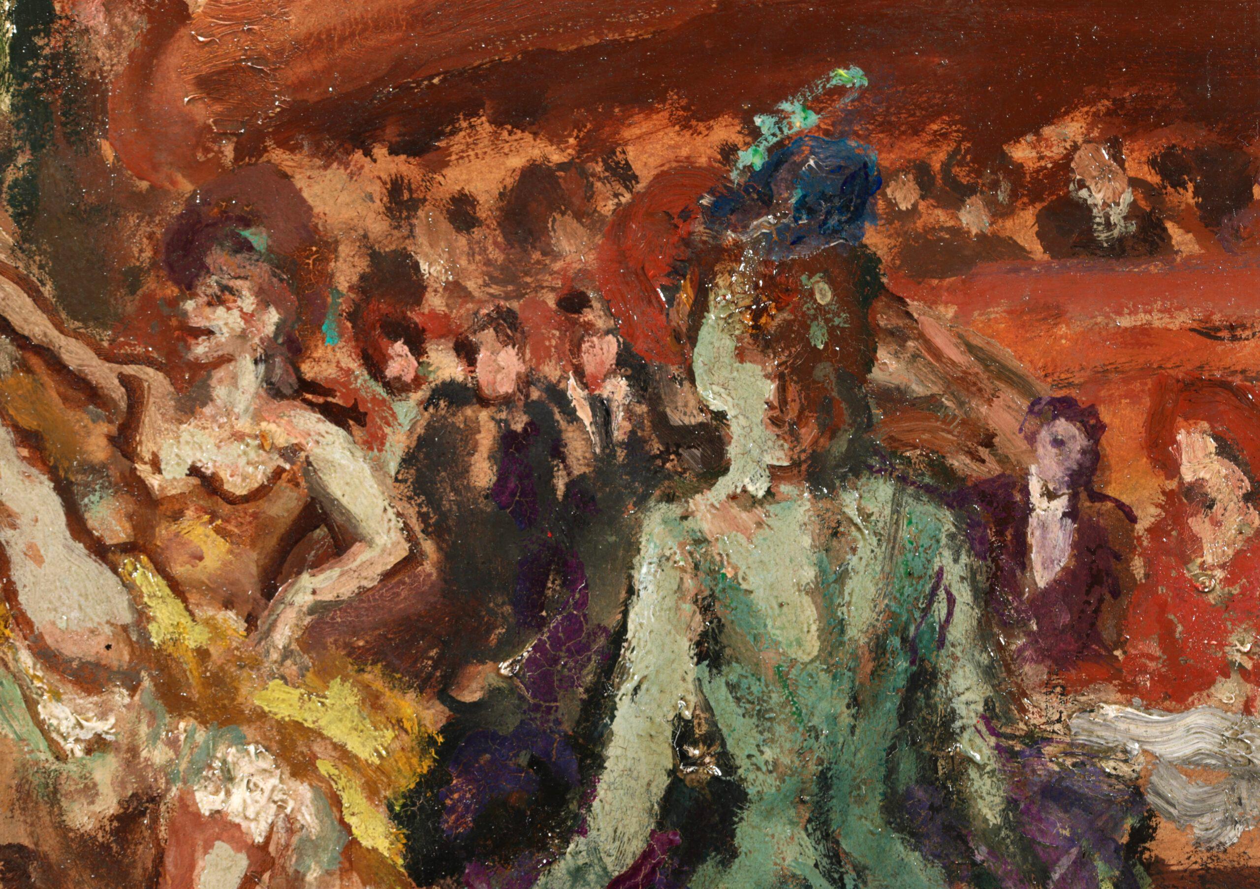 Huile figurative sur panneau signée vers 1930 par le peintre impressionniste français Jean-Louis-Marcel Cosson. L'œuvre représente des danseuses de cancan au cabaret Bal Tabarin à Paris.

Signature :
Signé en bas à gauche/signé à nouveau au