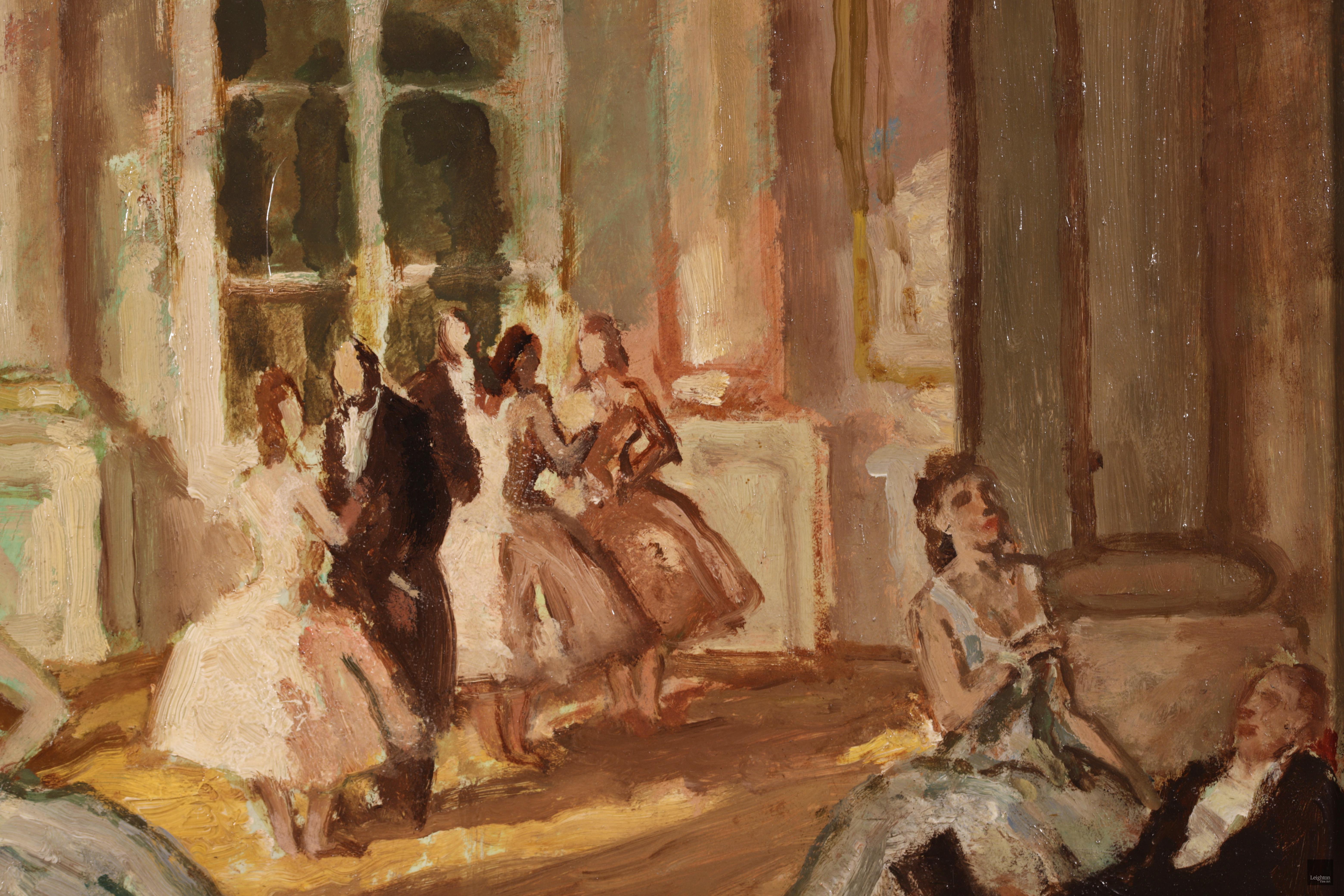 Le foyer de l'opera - Olio post impressionista, Figure in interni - Marcel Cosson - Interior Painting Marrone di Jean-Louis-Marcel Cosson